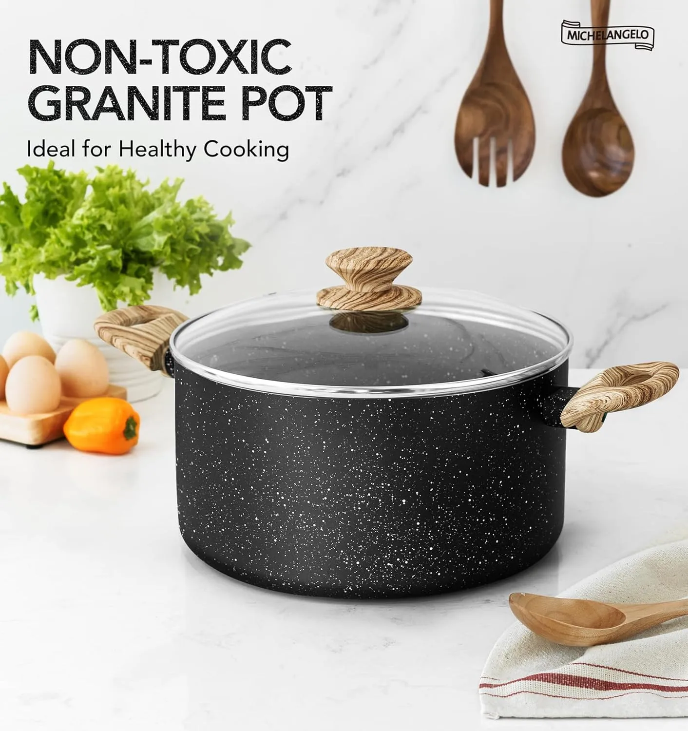 MICHELANGELO 5 Quart Stock Pot with Lid, Cooking Pot Nonstick Pot with Lid, Induction Pot for Cooking, 5 Qt Pot With Lid, Non Stick Pot for Kitchen, Soup Pot with Wood Grain Handle, 5 Quart Pot