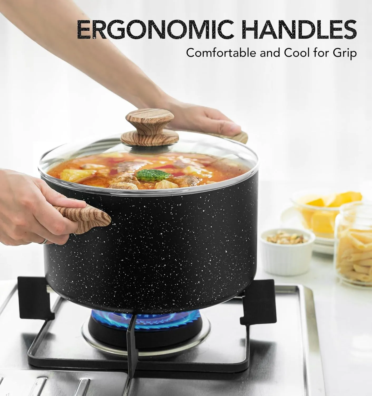MICHELANGELO 5 Quart Stock Pot with Lid, Cooking Pot Nonstick Pot with Lid, Induction Pot for Cooking, 5 Qt Pot With Lid, Non Stick Pot for Kitchen, Soup Pot with Wood Grain Handle, 5 Quart Pot