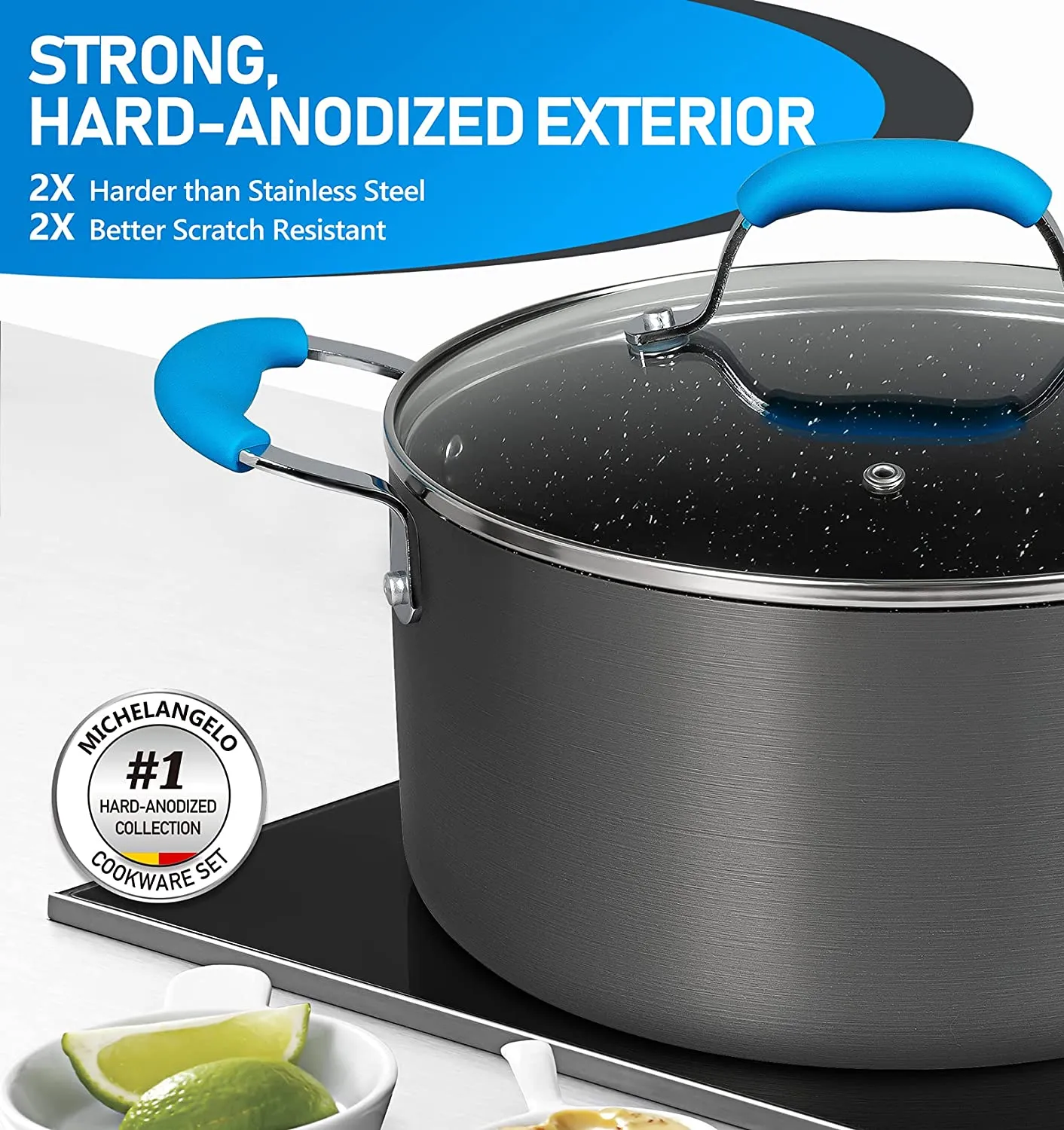 MICHELANGELO Hard Anodized Cookware Set 13 Piece, Pro. Nonstick Pots and Pans Set with Granite-Derived Coating, Induction Cookware Sets with Blue Silicone Handles, Heavy Gauge Kitchen Cookware Sets