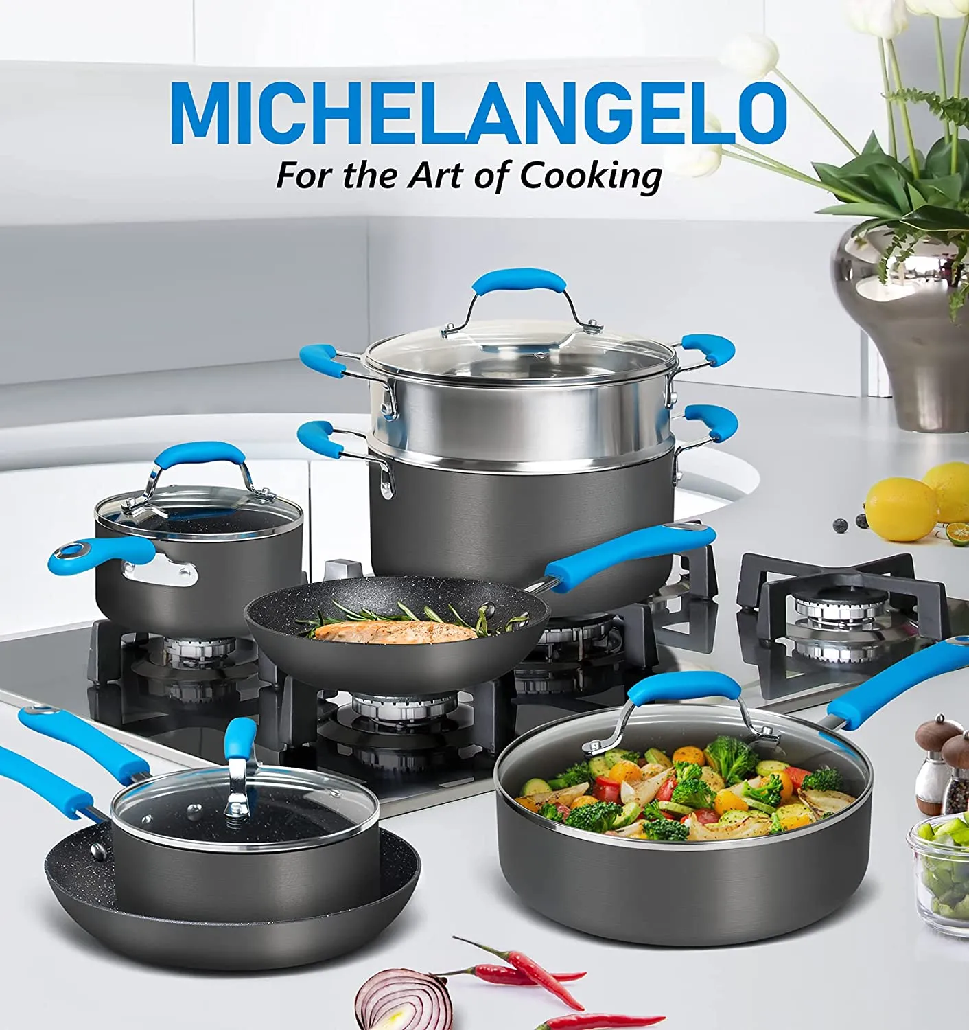 MICHELANGELO Hard Anodized Cookware Set 13 Piece, Pro. Nonstick Pots and Pans Set with Granite-Derived Coating, Induction Cookware Sets with Blue Silicone Handles, Heavy Gauge Kitchen Cookware Sets