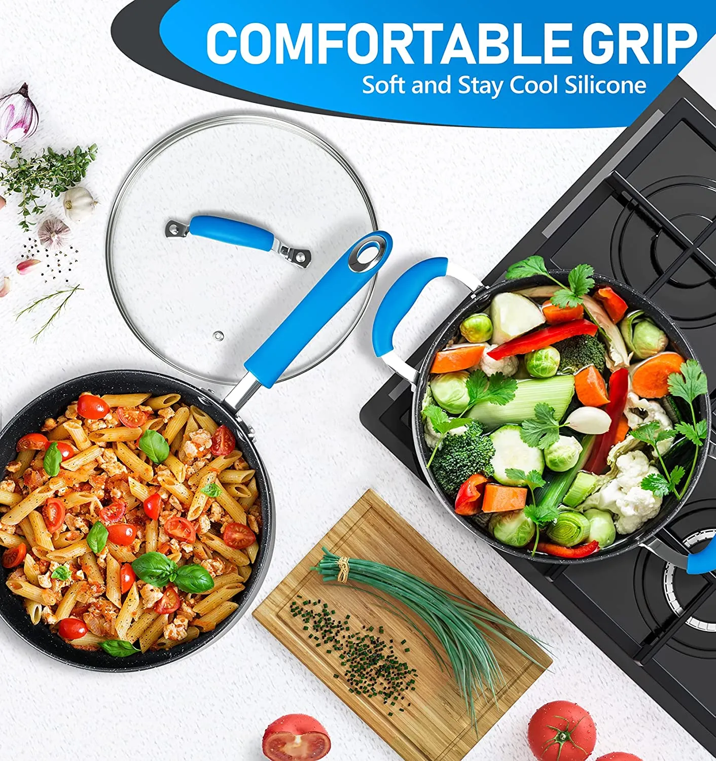 MICHELANGELO Hard Anodized Cookware Set 13 Piece, Pro. Nonstick Pots and Pans Set with Granite-Derived Coating, Induction Cookware Sets with Blue Silicone Handles, Heavy Gauge Kitchen Cookware Sets