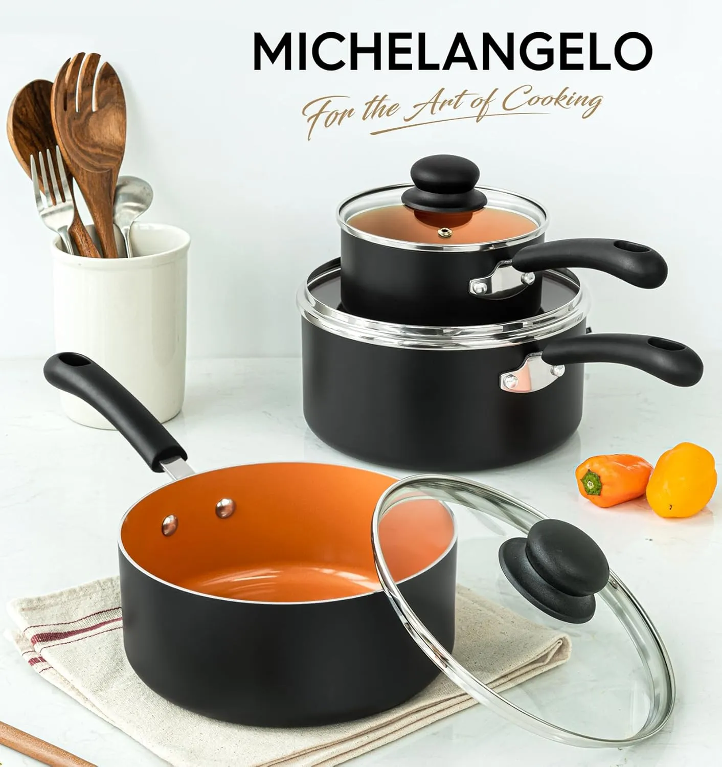 MICHELANGELO Nonstick Sauce Pan With Lid, 1QT, 2QT & 3QT Ceramic Saucepan, Copper Saucepans, PFAS-FREE Pot Set, Small Pots For Cooking, Multipurpose Cooking Pots Set For Home Kitchen, Dishwasher Safe