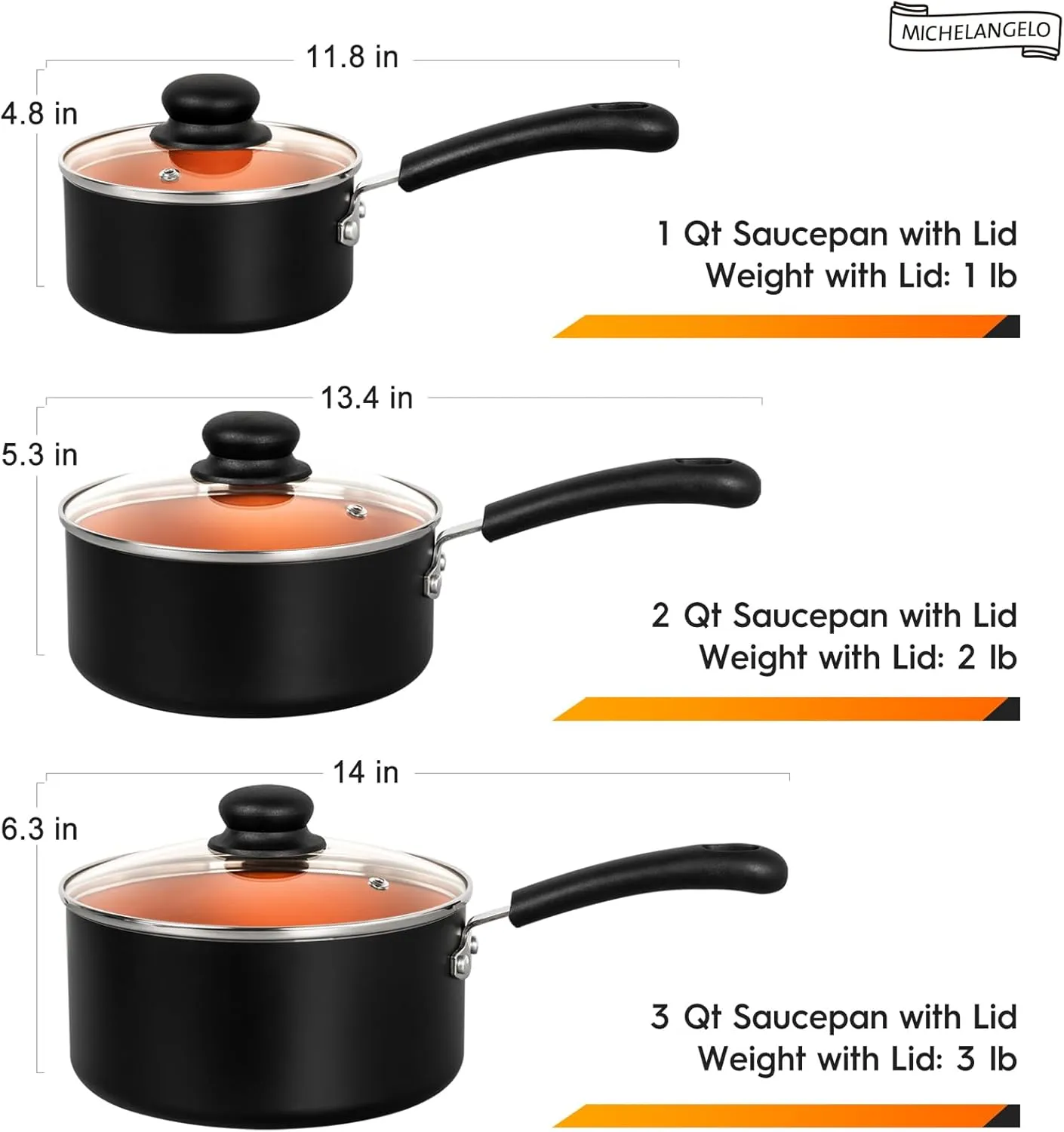 MICHELANGELO Nonstick Sauce Pan With Lid, 1QT, 2QT & 3QT Ceramic Saucepan, Copper Saucepans, PFAS-FREE Pot Set, Small Pots For Cooking, Multipurpose Cooking Pots Set For Home Kitchen, Dishwasher Safe