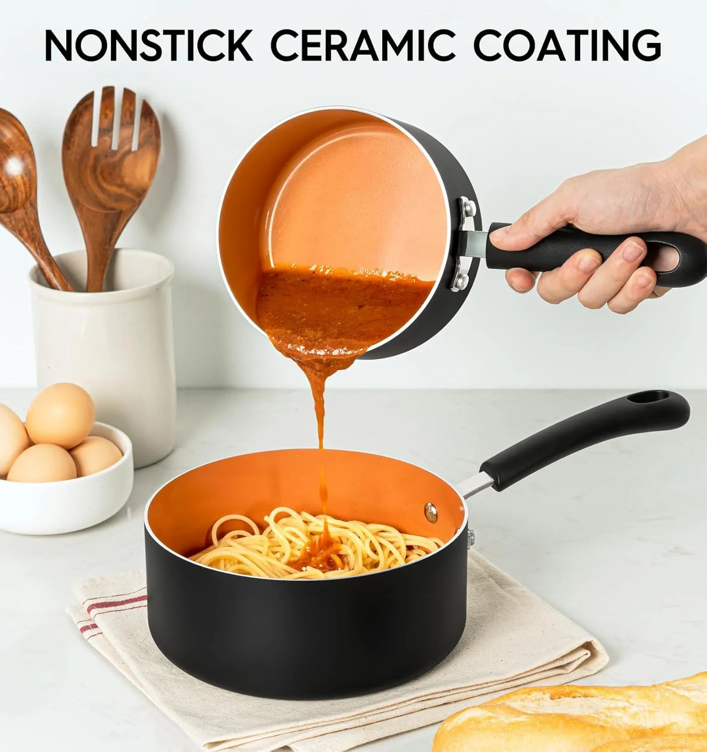 MICHELANGELO Nonstick Sauce Pan With Lid, 1QT, 2QT & 3QT Ceramic Saucepan, Copper Saucepans, PFAS-FREE Pot Set, Small Pots For Cooking, Multipurpose Cooking Pots Set For Home Kitchen, Dishwasher Safe