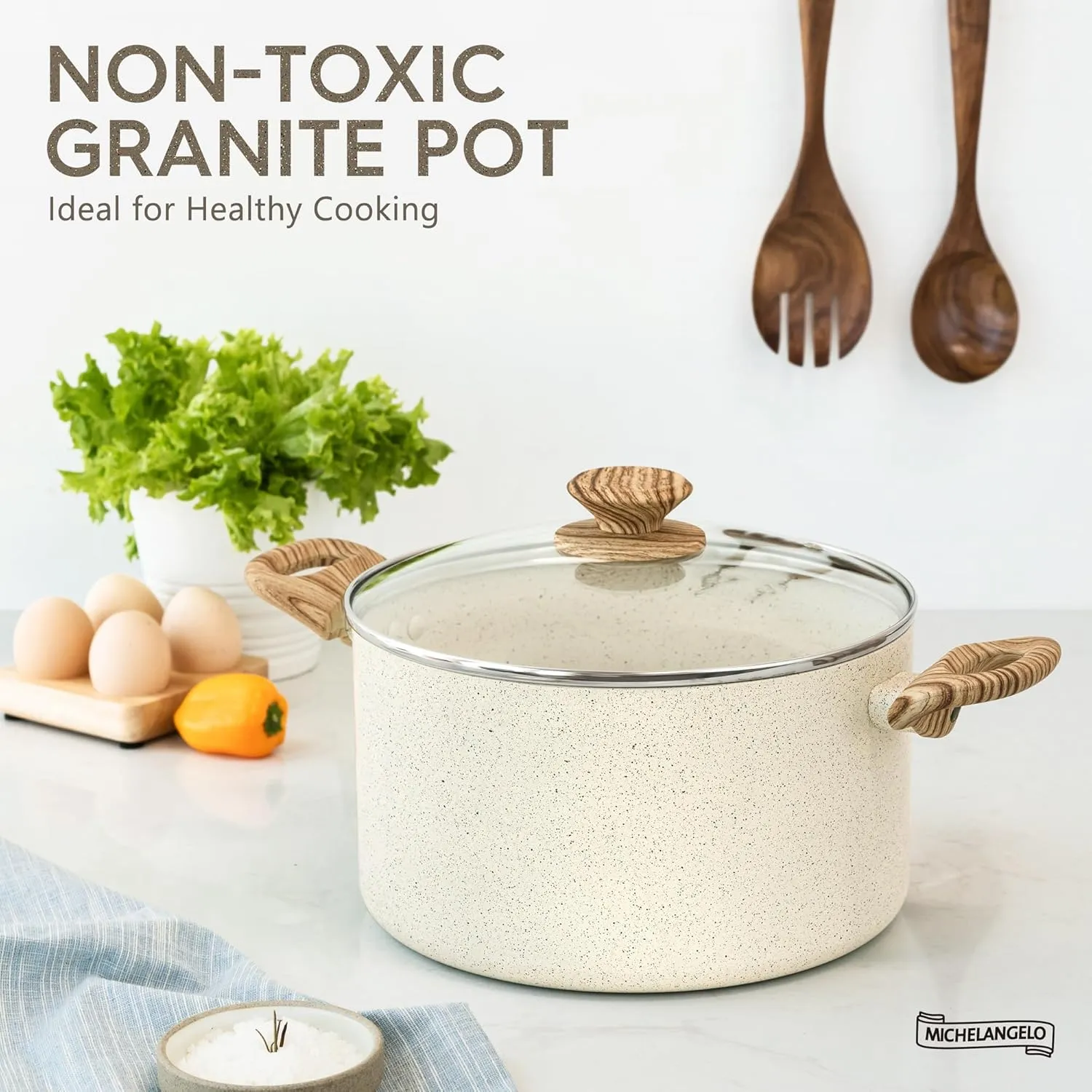 MICHELANGELO Nonstick Stock Pot - 6 Quart Cooking Pot White Granite, Soup Pot with Lid, Non Stick Stockpot with Stay-cool Handle, Non-Toxic, Induction Compatible