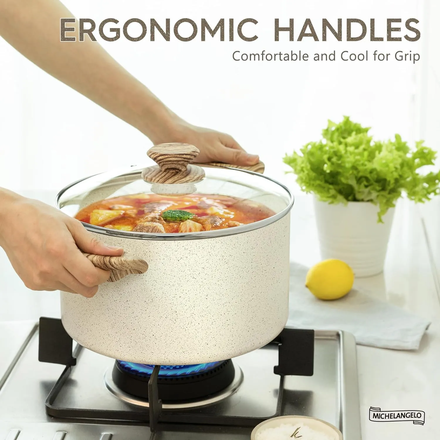 MICHELANGELO Nonstick Stock Pot - 6 Quart Cooking Pot White Granite, Soup Pot with Lid, Non Stick Stockpot with Stay-cool Handle, Non-Toxic, Induction Compatible
