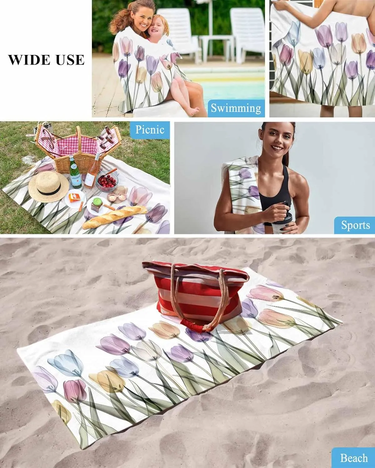 Modern Beach Towel 31"x61" Microfiber Beach Towels Oversized Sand Free Quick Dry Beach Towel/Bath Towels/Yoga Towel/Pool Towels/Travel Towel for Women Men Girls Kids-Watercolor Tulips