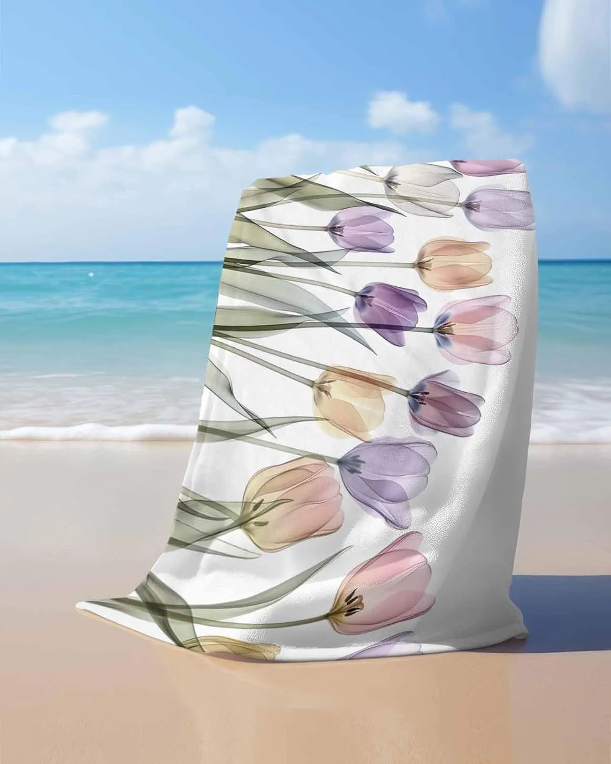 Modern Beach Towel 31"x61" Microfiber Beach Towels Oversized Sand Free Quick Dry Beach Towel/Bath Towels/Yoga Towel/Pool Towels/Travel Towel for Women Men Girls Kids-Watercolor Tulips