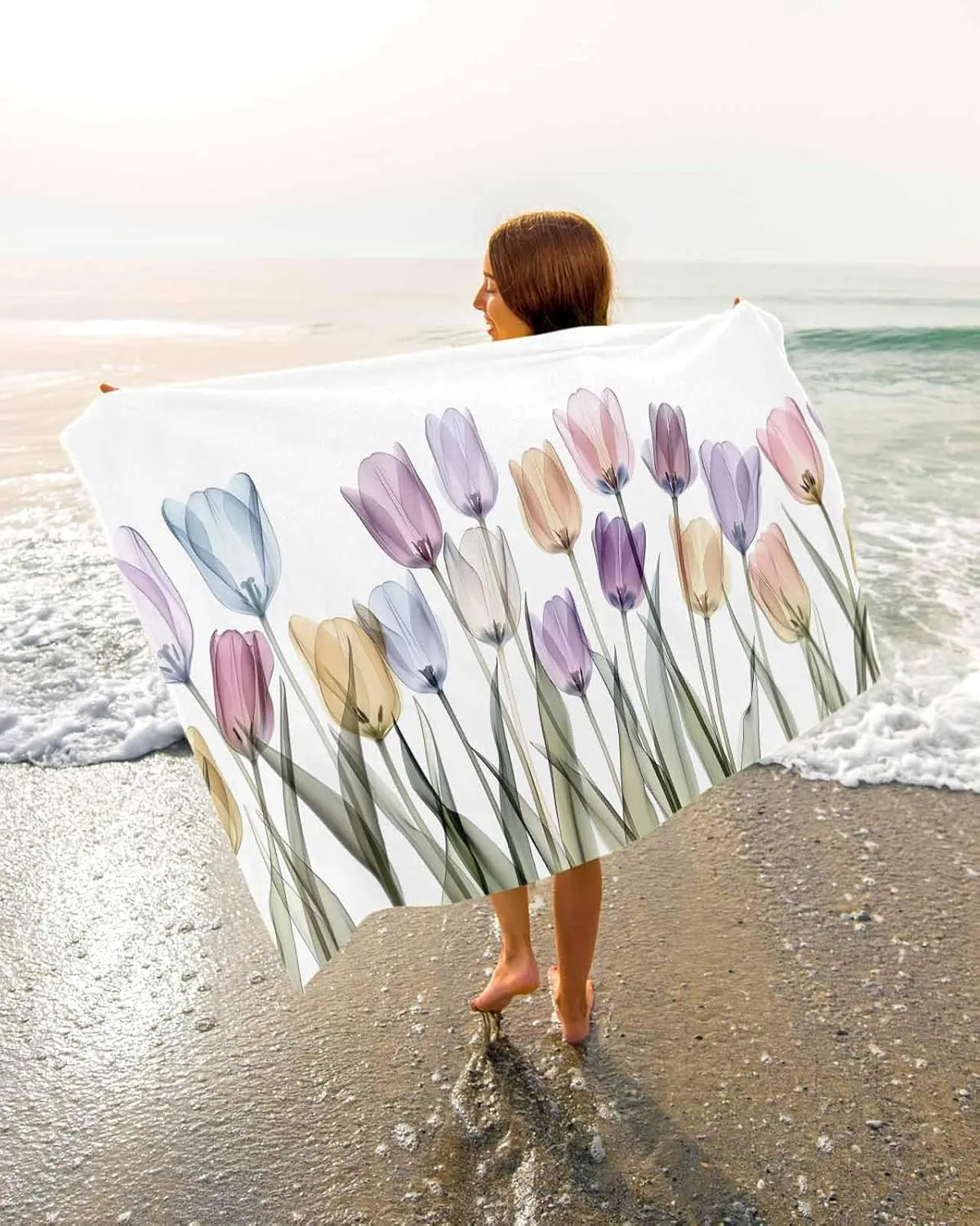 Modern Beach Towel 31"x61" Microfiber Beach Towels Oversized Sand Free Quick Dry Beach Towel/Bath Towels/Yoga Towel/Pool Towels/Travel Towel for Women Men Girls Kids-Watercolor Tulips