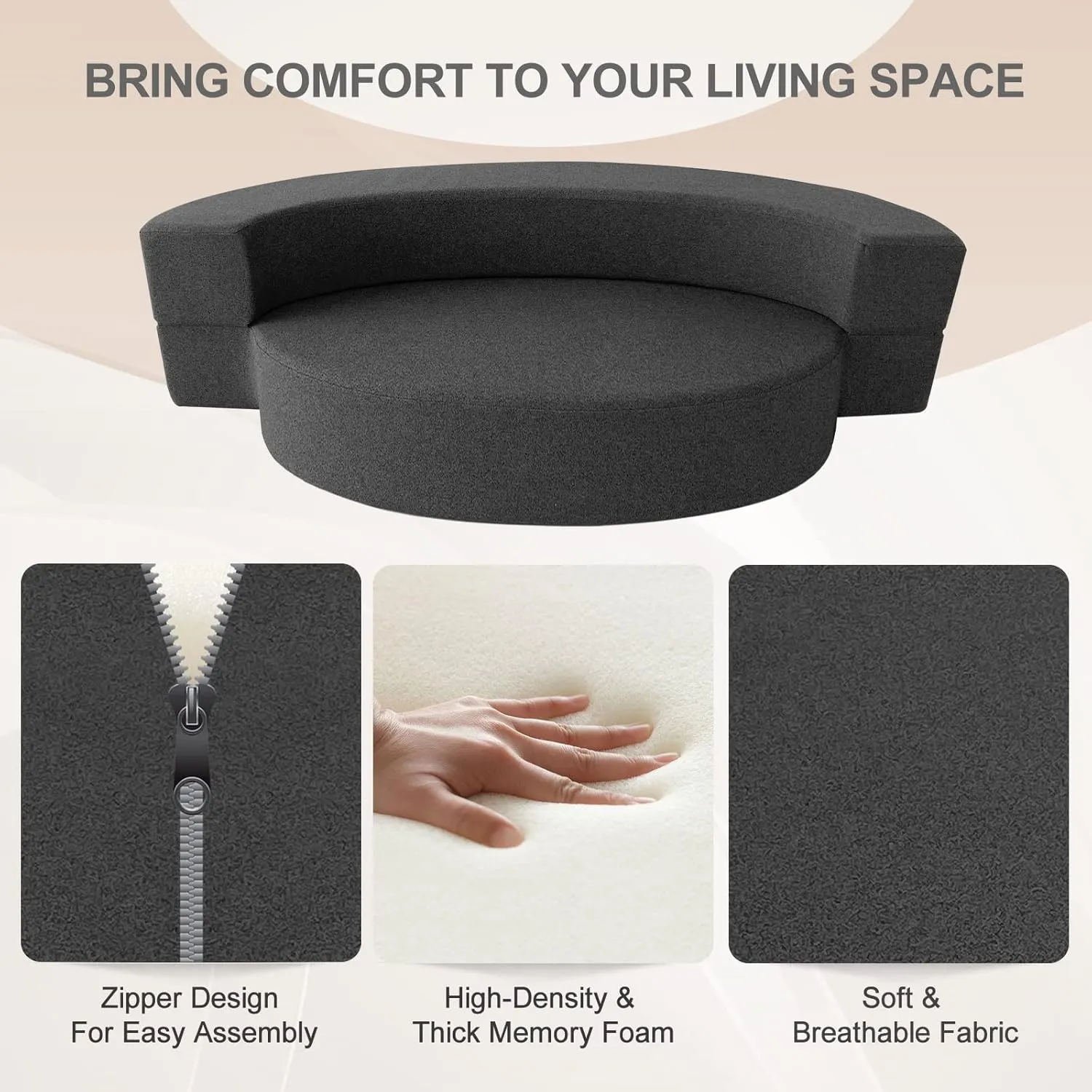 Modern Folding Sofa Bed Couch Memory Foam with 2 Pillows Sleeper Sofa futon Couch for Bedroom Living Room Guests, Washable Set, Stylish Oval 76''L × 41.5''D × 10''H,Dark Gray