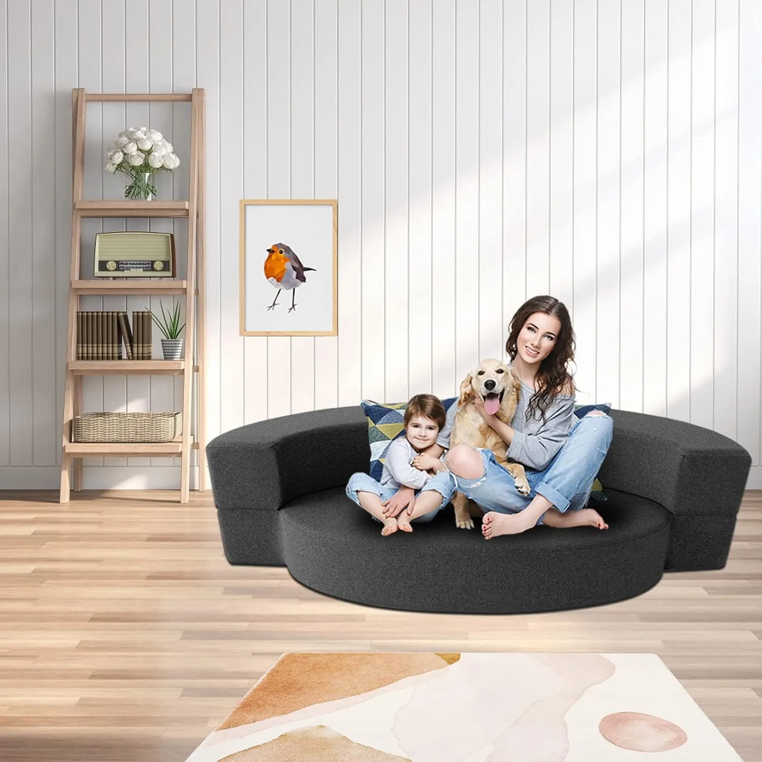 Modern Folding Sofa Bed Couch Memory Foam with 2 Pillows Sleeper Sofa futon Couch for Bedroom Living Room Guests, Washable Set, Stylish Oval 76''L × 41.5''D × 10''H,Dark Gray