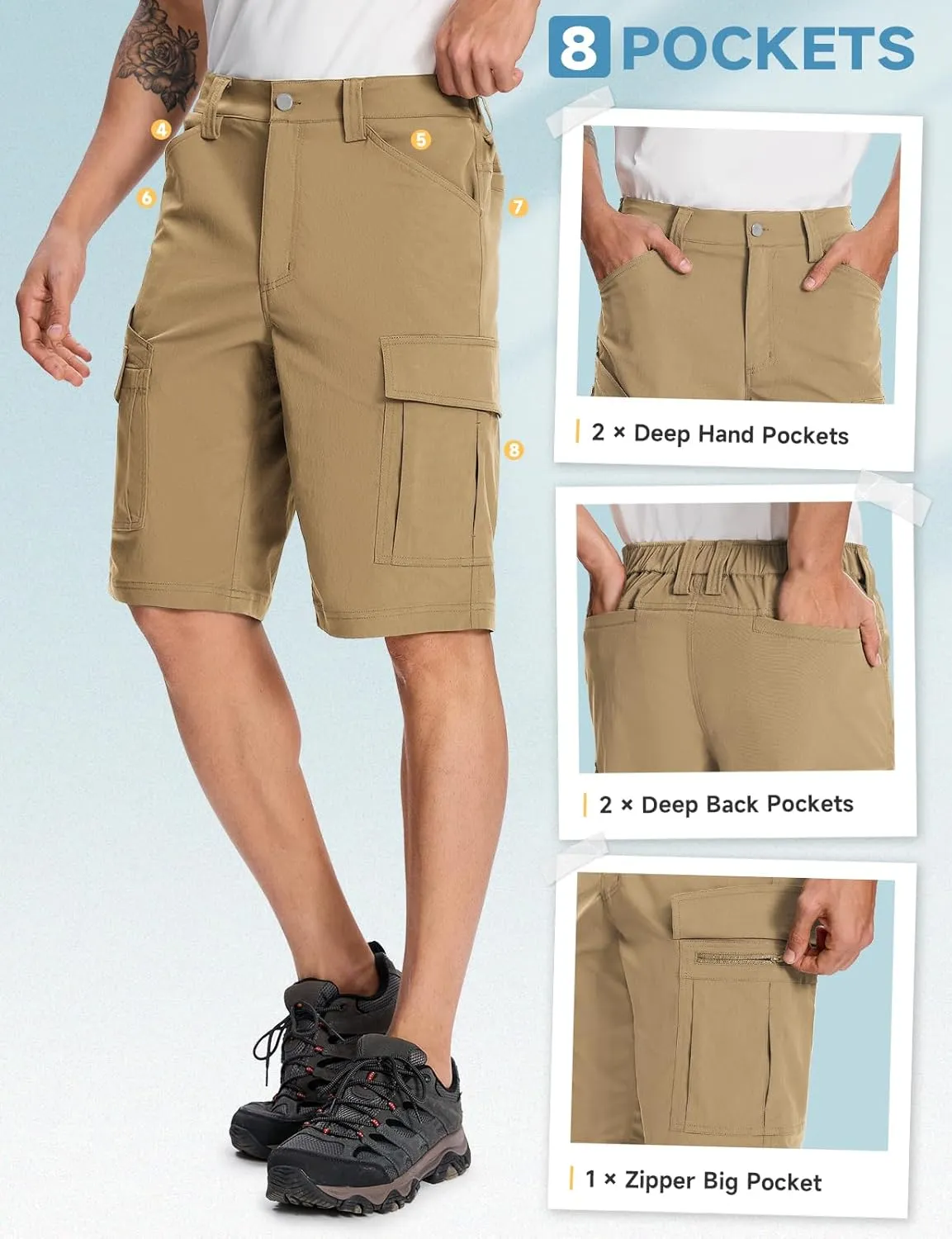 Moosehill Mens-Hiking-Shorts Cargo Lightweight Water Resistant Quick Dry Big & Tall with 8 Pockets for Tactical Work