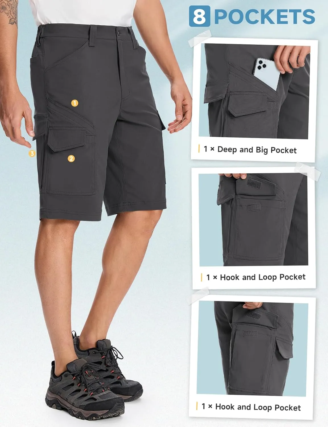 Moosehill Mens-Hiking-Shorts Cargo Lightweight Water Resistant Quick Dry Big & Tall with 8 Pockets for Tactical Work