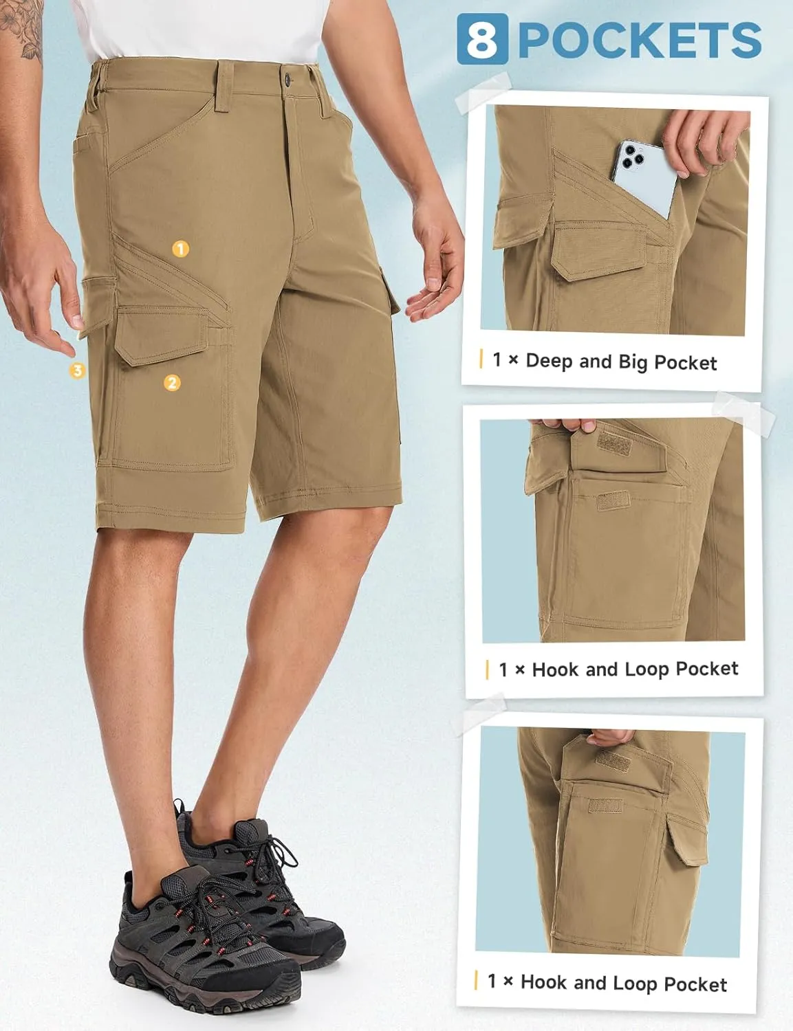 Moosehill Mens-Hiking-Shorts Cargo Lightweight Water Resistant Quick Dry Big & Tall with 8 Pockets for Tactical Work