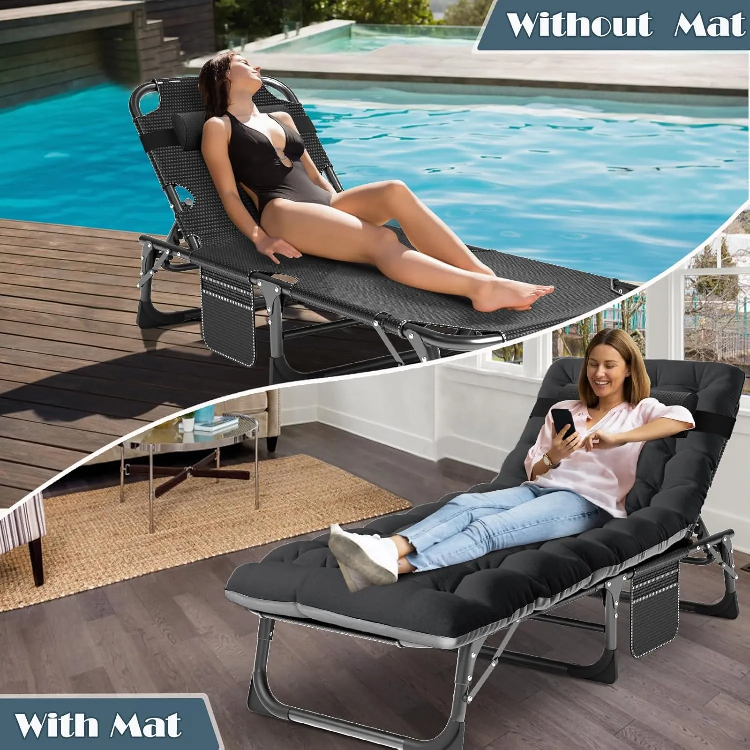 MOPHOTO Folding Chaise Lounge Chair 5-Position, Folding Cot, Heavy Duty Patio Chaise Lounges for Outside, Poolside, Beach, Lawn, Camping
