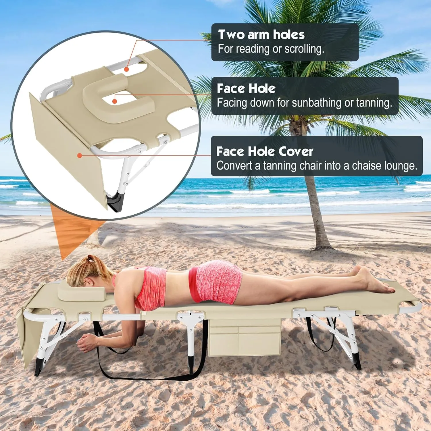 MOPHOTO Tanning Lounge Chair 5-Position, Outdoor Sunbathing Chairs Folding Chaise Lounge, Sun Tanning Lounger with Face Hole, Perfect for Pool Beach Patio Sunbathing