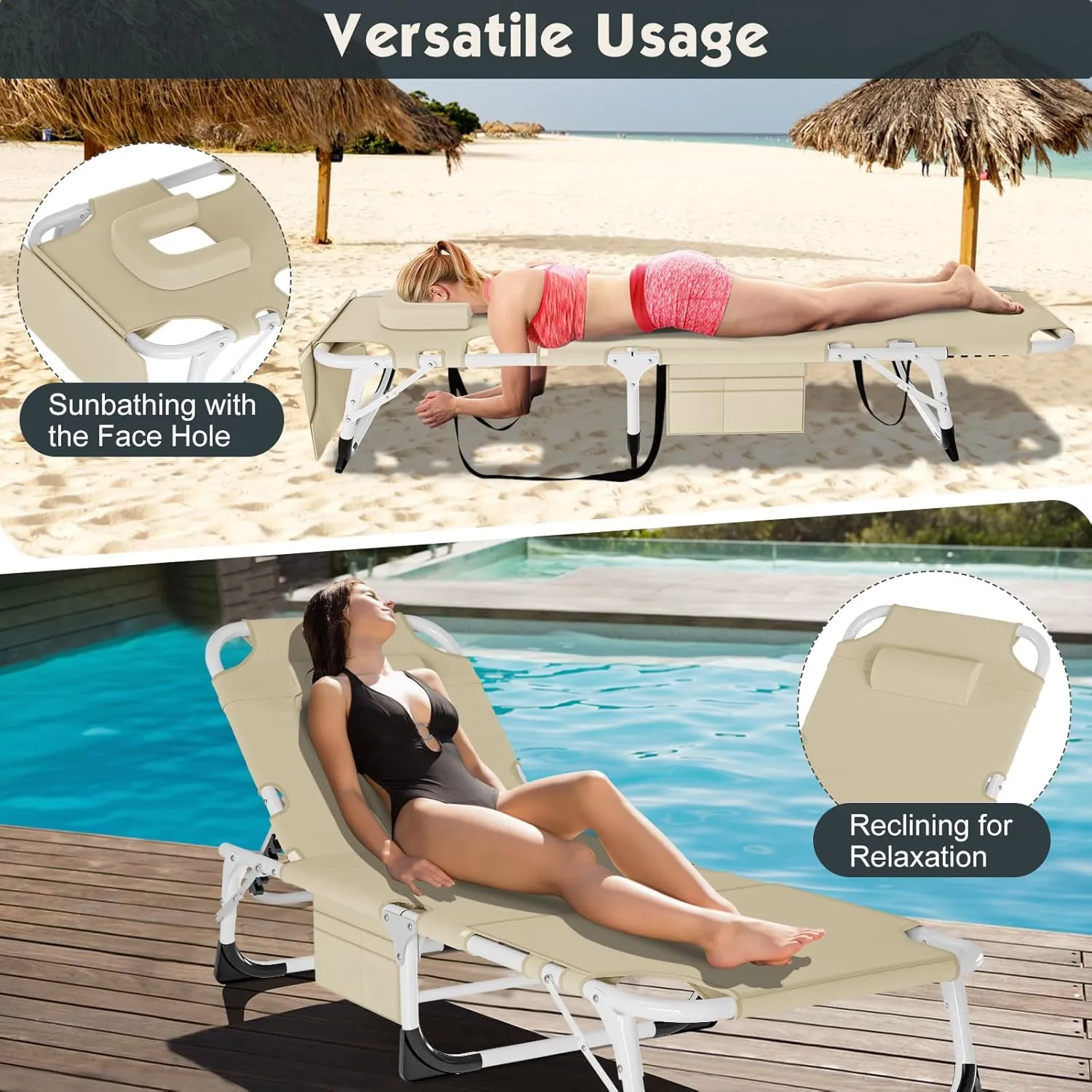 MOPHOTO Tanning Lounge Chair 5-Position, Outdoor Sunbathing Chairs Folding Chaise Lounge, Sun Tanning Lounger with Face Hole, Perfect for Pool Beach Patio Sunbathing