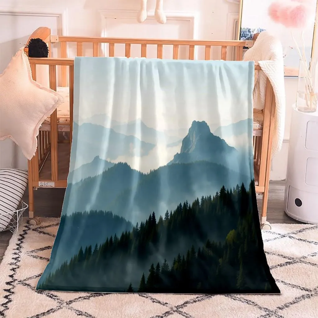 Morning Forest Flannel Throw Blanket Mountain Ridges Foggy Forest Landscape Wilderness Warm Lightweight Cozy Winter Bed Blanket, Office Nap Blanket Machine Washable 60x80 Inch