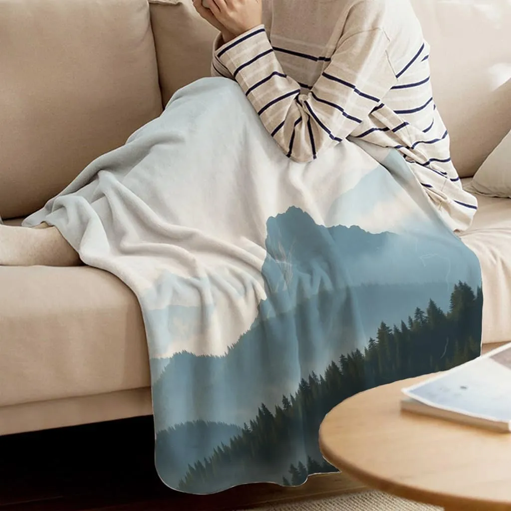 Morning Forest Flannel Throw Blanket Mountain Ridges Foggy Forest Landscape Wilderness Warm Lightweight Cozy Winter Bed Blanket, Office Nap Blanket Machine Washable 60x80 Inch