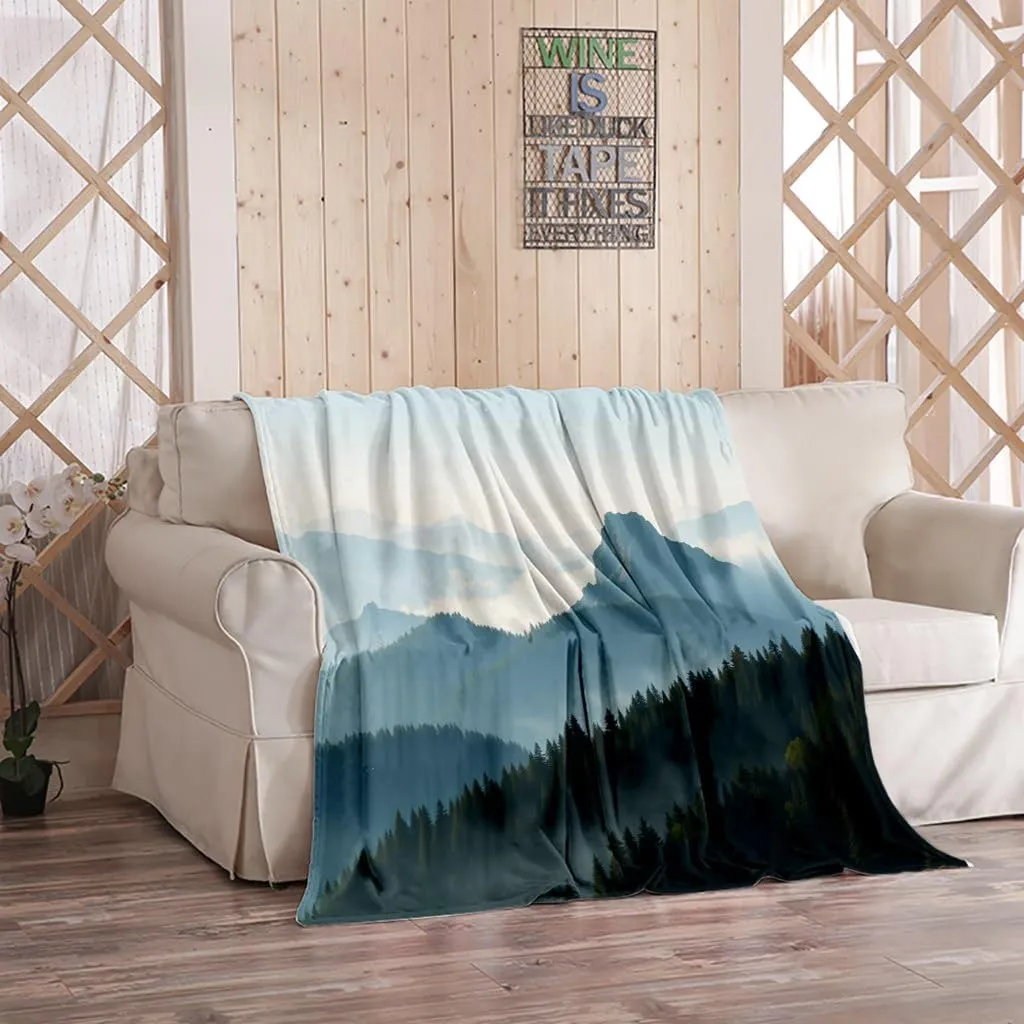 Morning Forest Flannel Throw Blanket Mountain Ridges Foggy Forest Landscape Wilderness Warm Lightweight Cozy Winter Bed Blanket, Office Nap Blanket Machine Washable 60x80 Inch