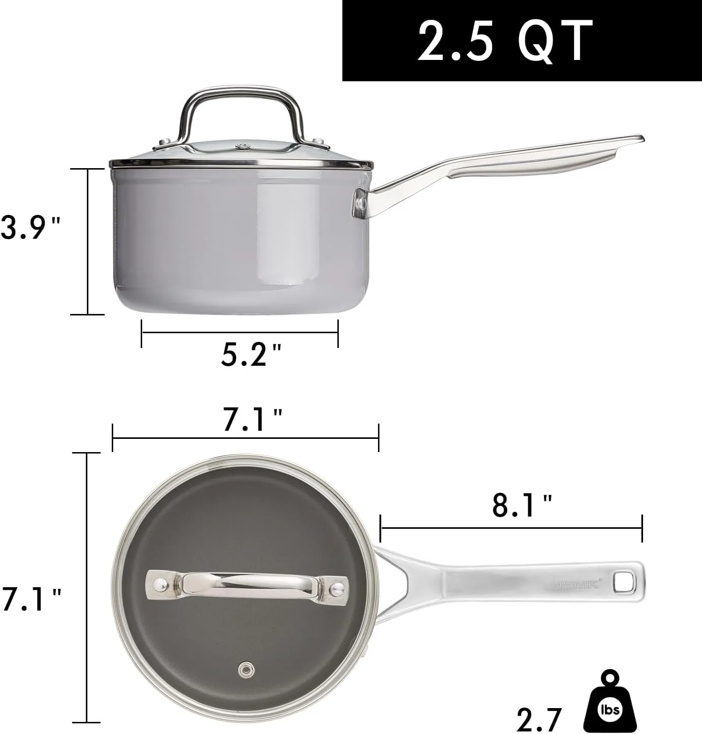 MSMK 2.5 QT PFAS-FREE Ceramic enamel saucepan with Tempered Glass Lid, Rice Burnt also Non stick, Dishwasher and Oven Safe, Induction Ready, Compatible with All Cooktops, Grey