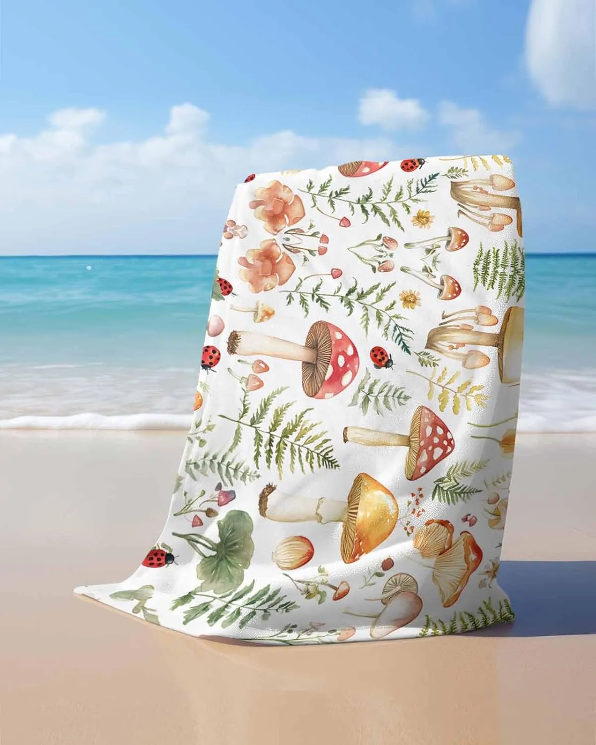 Mushroom Microfiber Beach Towel Green Plant Absorbent Quick Dry Beach Towels for Kids Women Adults Ladybug Sand Proof Travel Pool Swimming Camping Blanket 35x70 Inch