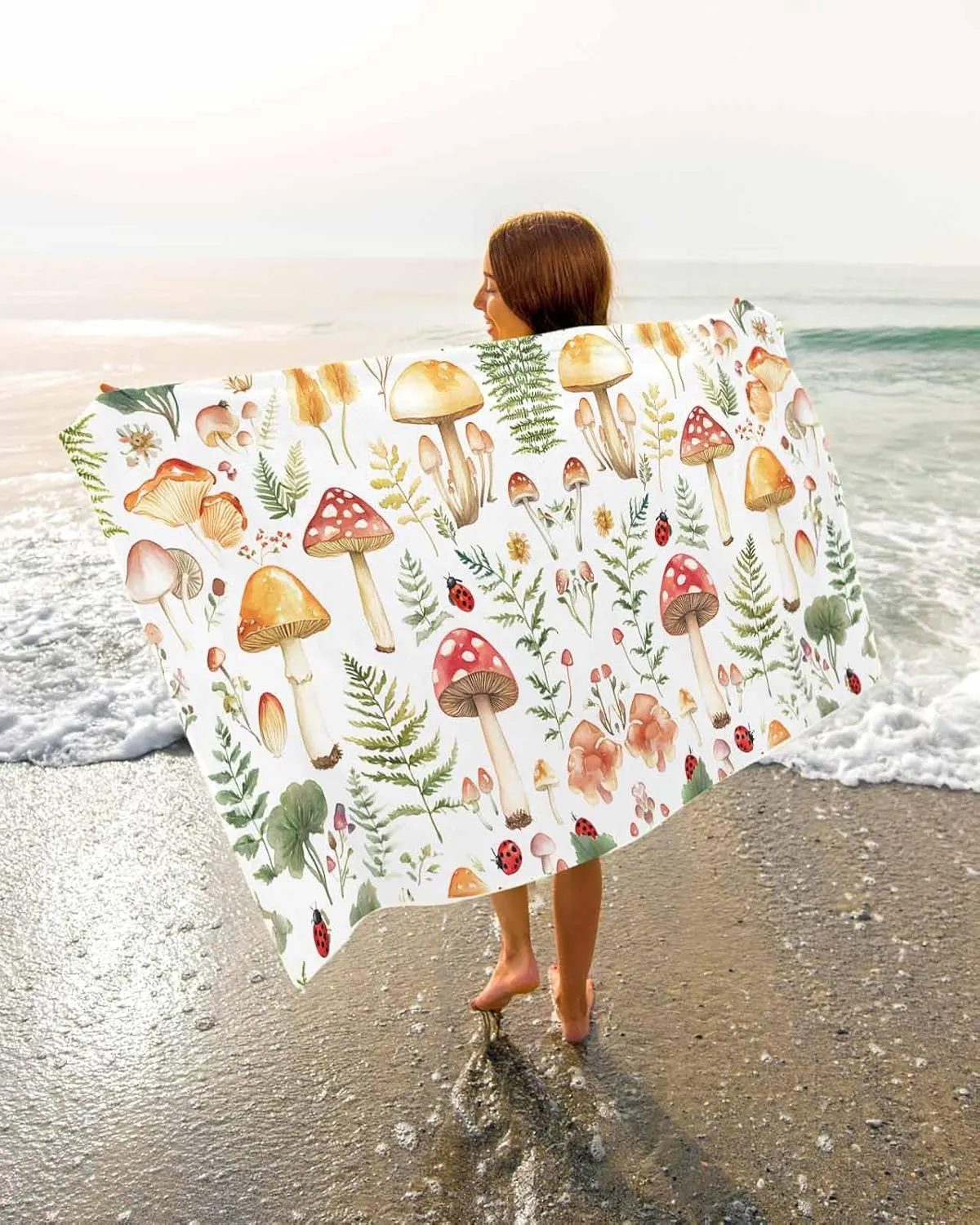 Mushroom Microfiber Beach Towel Green Plant Absorbent Quick Dry Beach Towels for Kids Women Adults Ladybug Sand Proof Travel Pool Swimming Camping Blanket 35x70 Inch