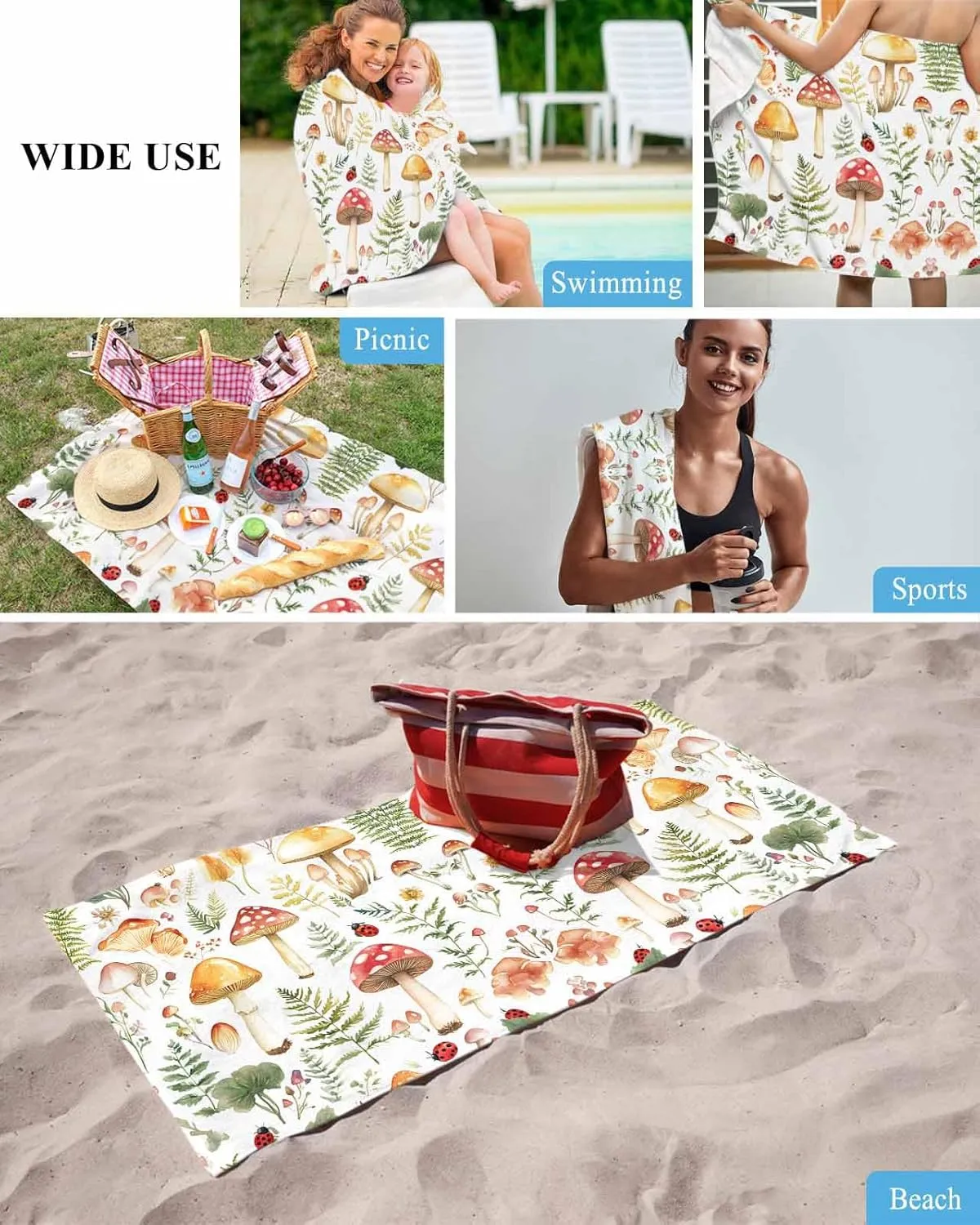 Mushroom Microfiber Beach Towel Green Plant Absorbent Quick Dry Beach Towels for Kids Women Adults Ladybug Sand Proof Travel Pool Swimming Camping Blanket 35x70 Inch