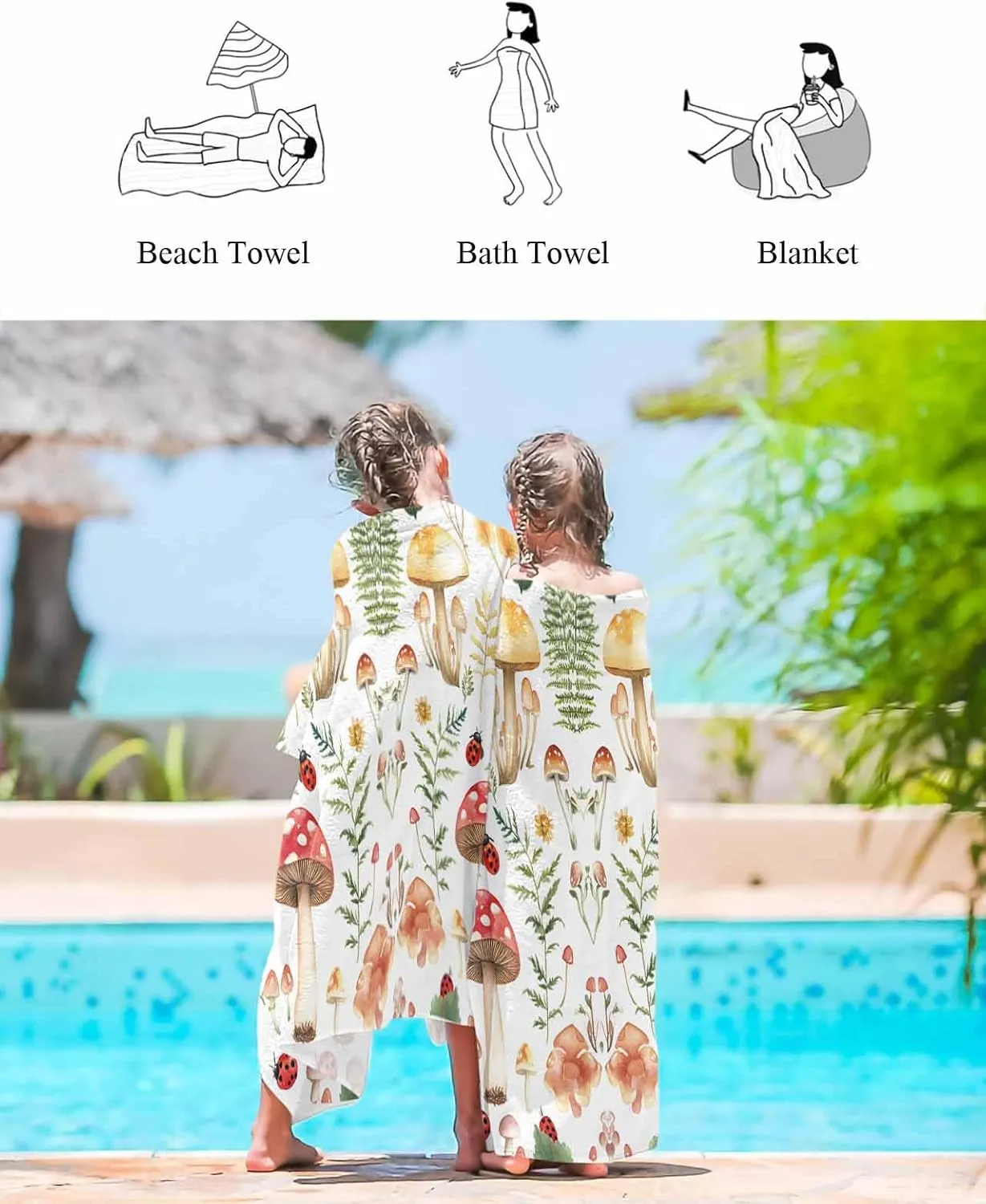 Mushroom Microfiber Beach Towel Green Plant Absorbent Quick Dry Beach Towels for Kids Women Adults Ladybug Sand Proof Travel Pool Swimming Camping Blanket 35x70 Inch