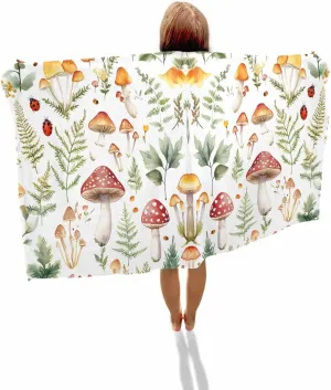 Mushroom Microfiber Beach Towel Watercolor Leaf Absorbent Quick Dry Beach Towels for Kids Women Adults Ladybug Sand Proof Travel Pool Swimming Camping Blanket 35x70 Inch
