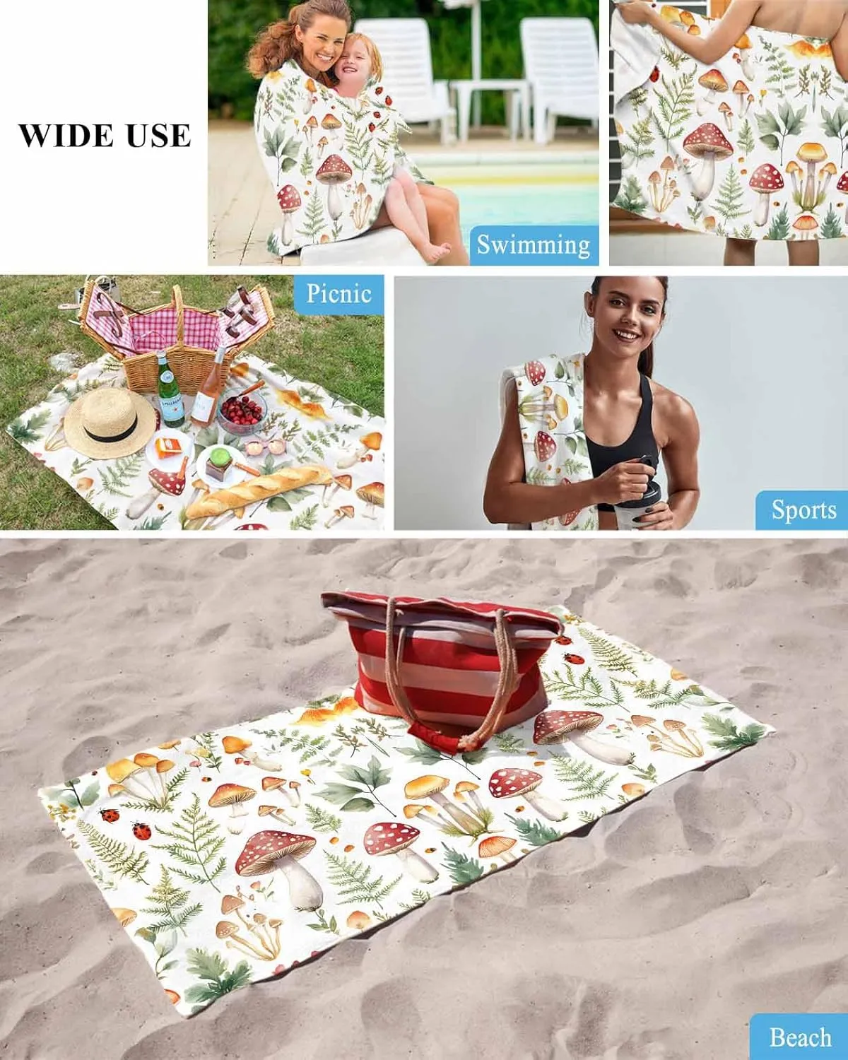 Mushroom Microfiber Beach Towel Watercolor Leaf Absorbent Quick Dry Beach Towels for Kids Women Adults Ladybug Sand Proof Travel Pool Swimming Camping Blanket 35x70 Inch