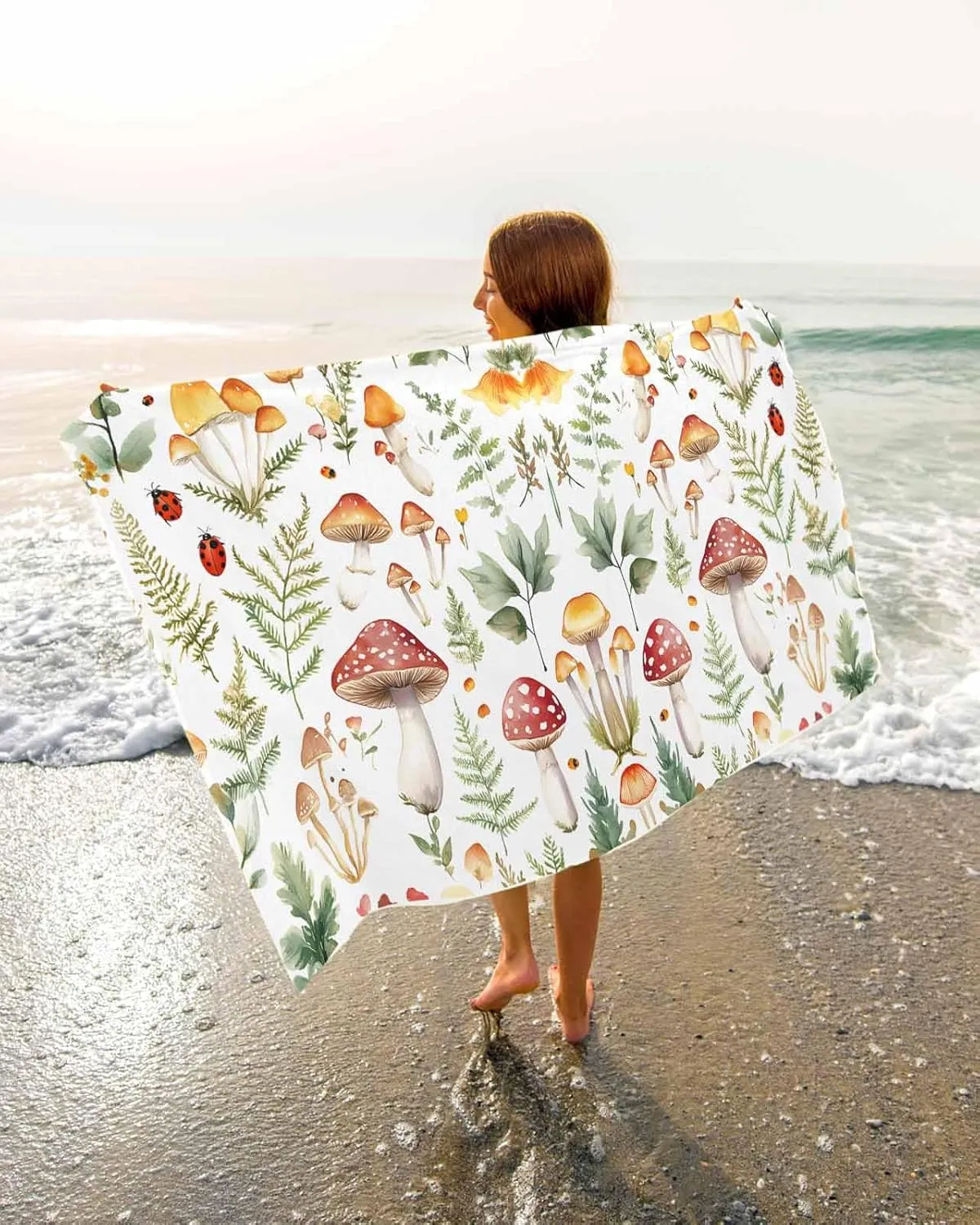Mushroom Microfiber Beach Towel Watercolor Leaf Absorbent Quick Dry Beach Towels for Kids Women Adults Ladybug Sand Proof Travel Pool Swimming Camping Blanket 35x70 Inch