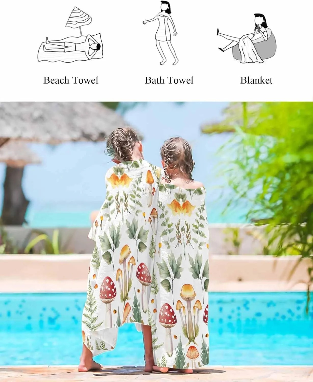 Mushroom Microfiber Beach Towel Watercolor Leaf Absorbent Quick Dry Beach Towels for Kids Women Adults Ladybug Sand Proof Travel Pool Swimming Camping Blanket 35x70 Inch