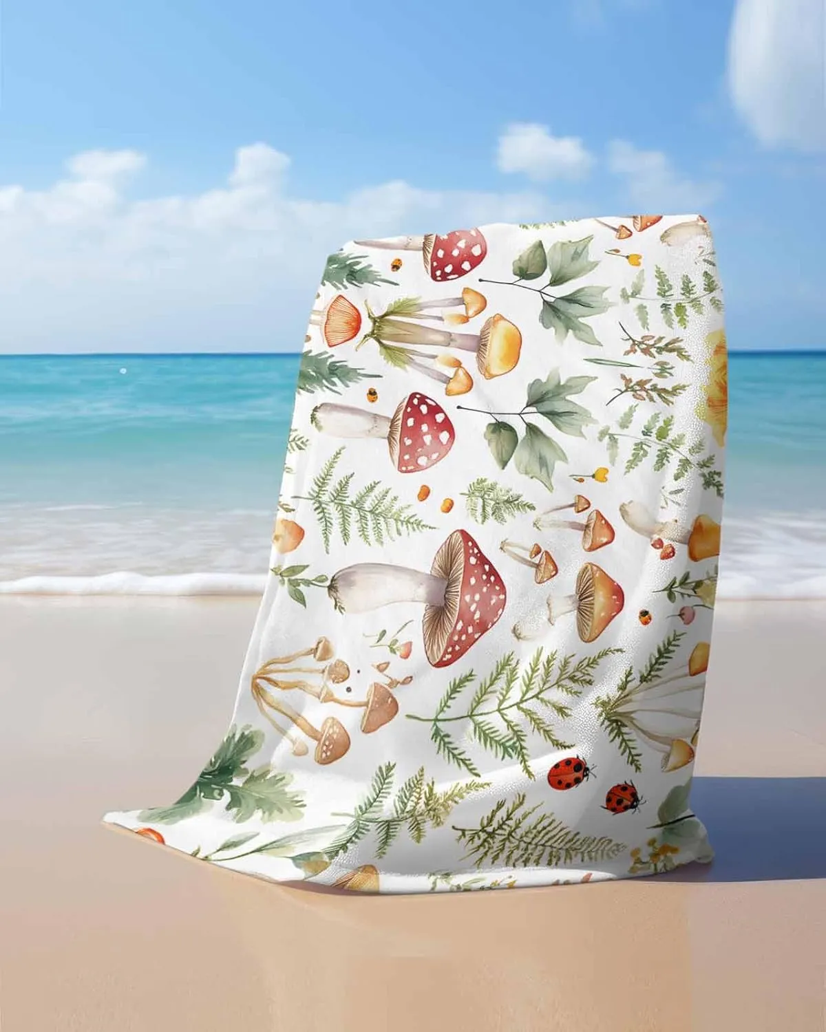 Mushroom Microfiber Beach Towel Watercolor Leaf Absorbent Quick Dry Beach Towels for Kids Women Adults Ladybug Sand Proof Travel Pool Swimming Camping Blanket 35x70 Inch