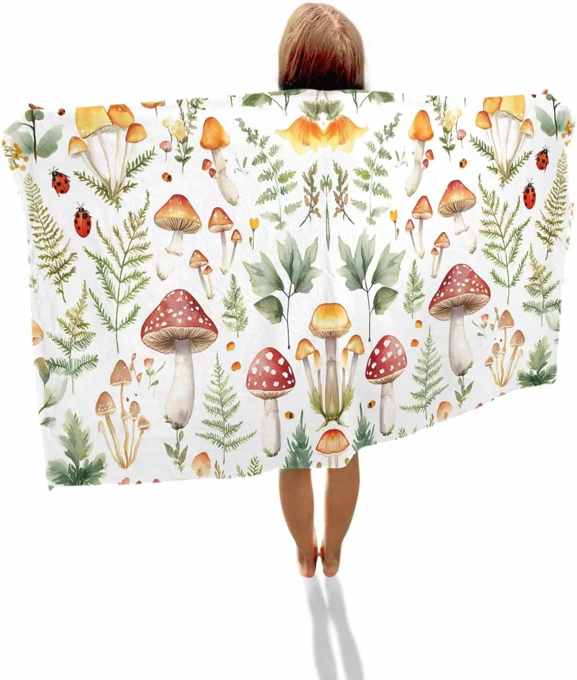 Mushroom Microfiber Beach Towel Watercolor Leaf Absorbent Quick Dry Beach Towels for Kids Women Adults Ladybug Sand Proof Travel Pool Swimming Camping Blanket 35x70 Inch