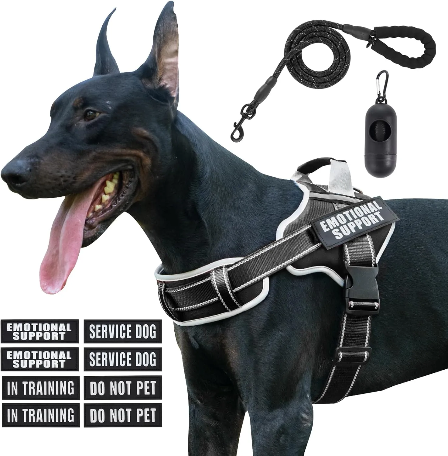 Neck Padded Dog Vest Harness and Leash Set, No Pull Adjustable Service Pet Harness with 8 Dog Patches, Reflective in Training Easy Control Pet Vest with 5ft Dog Leash for Medium & Large Dogs