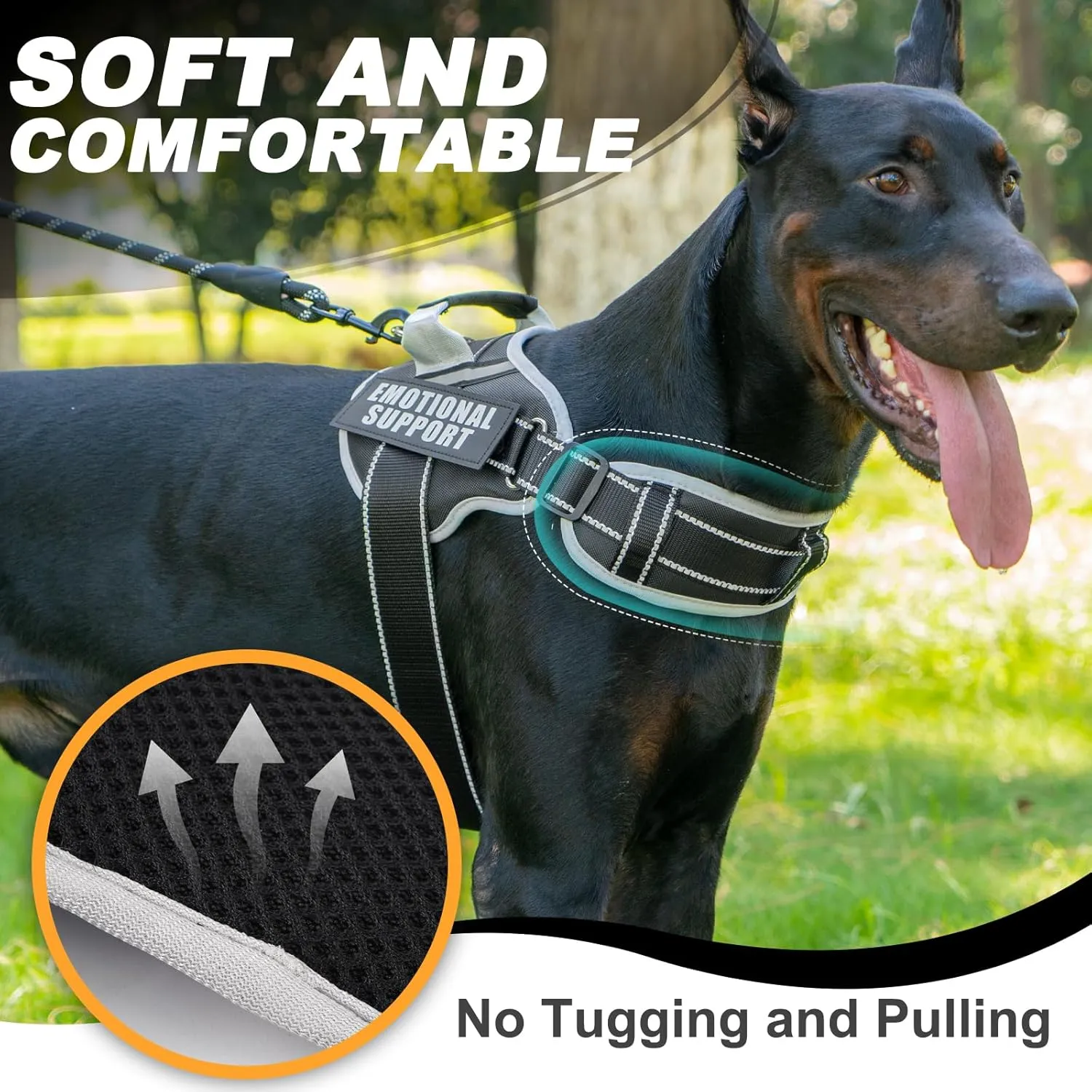Neck Padded Dog Vest Harness and Leash Set, No Pull Adjustable Service Pet Harness with 8 Dog Patches, Reflective in Training Easy Control Pet Vest with 5ft Dog Leash for Medium & Large Dogs