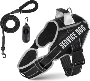 Neck Padded Dog Vest Harness and Leash Set, No Pull Adjustable Service Pet Harness with 8 Dog Patches, Reflective in Training Easy Control Pet Vest with 5ft Dog Leash for Medium & Large Dogs