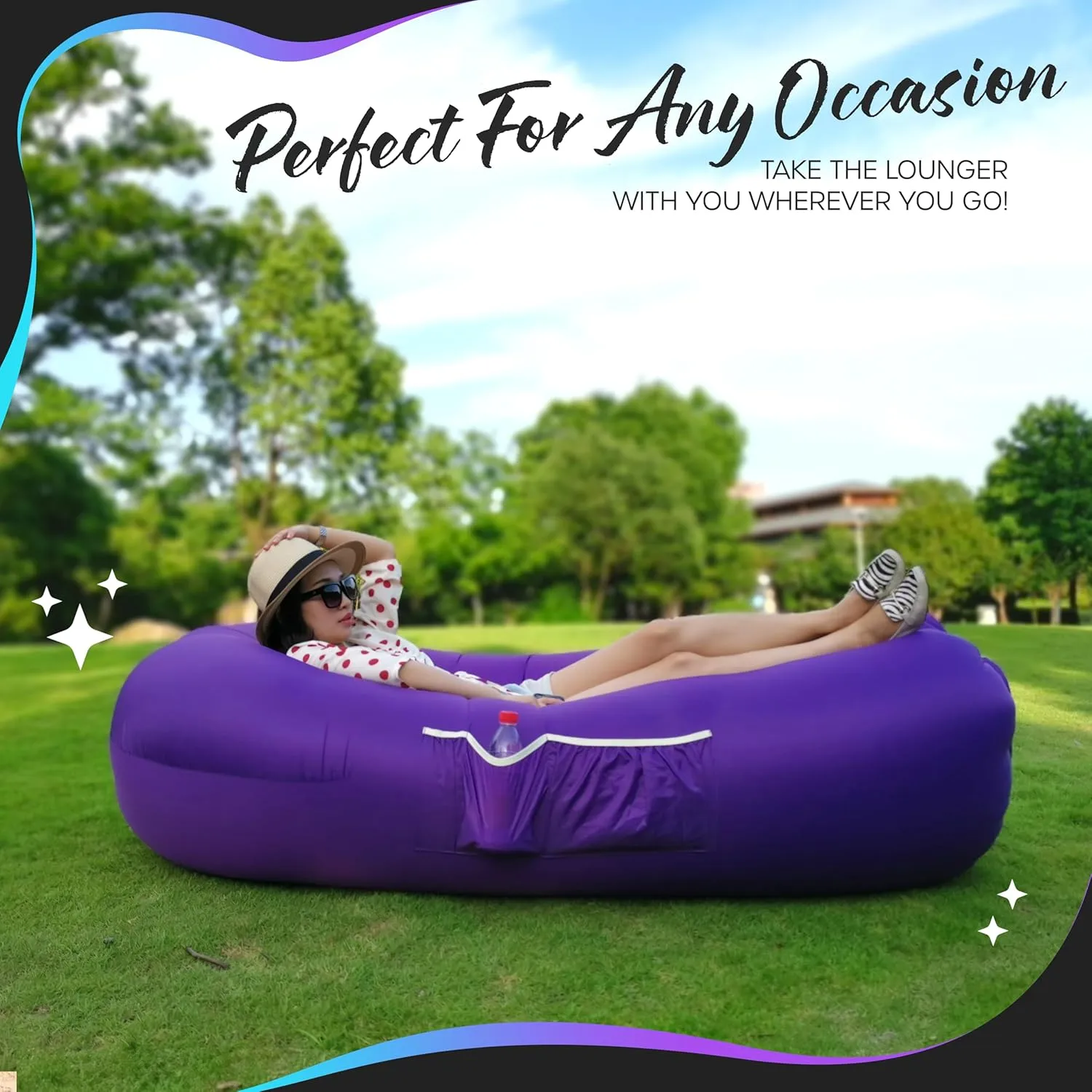 Nevlers Inflatable Lounger | 210T Polyester Inflatable Chair | No-Pump Blow Up Couch | Camping Couch Air Sofa Bed w/ 450 lbs. Cap., Pockets & Matching Bag | Use as Inflatable Couch for Adults & Kids