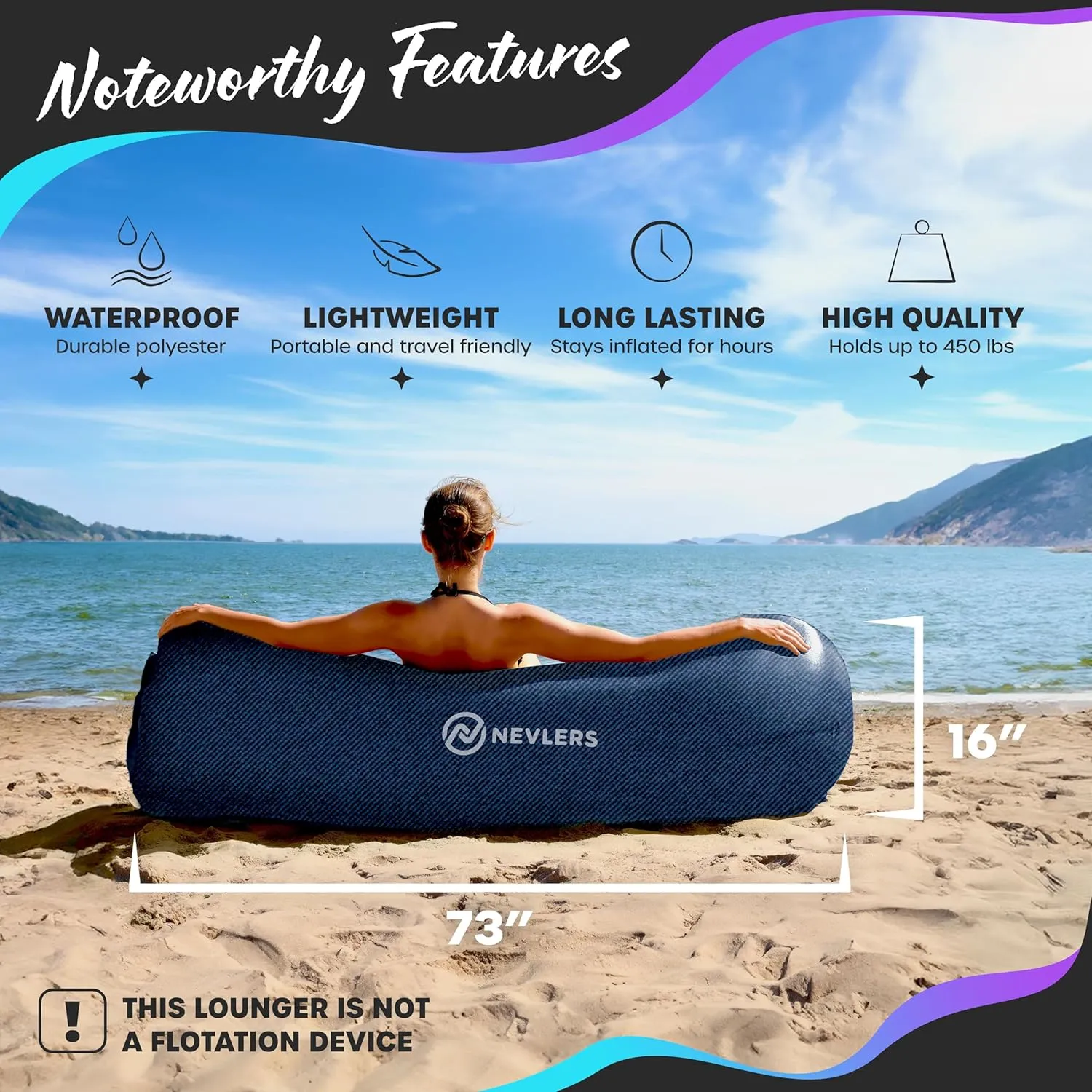 Nevlers Inflatable Lounger | 210T Polyester Inflatable Chair | No-Pump Blow Up Couch | Camping Couch Air Sofa Bed w/ 450 lbs. Cap., Pockets & Matching Bag | Use as Inflatable Couch for Adults & Kids