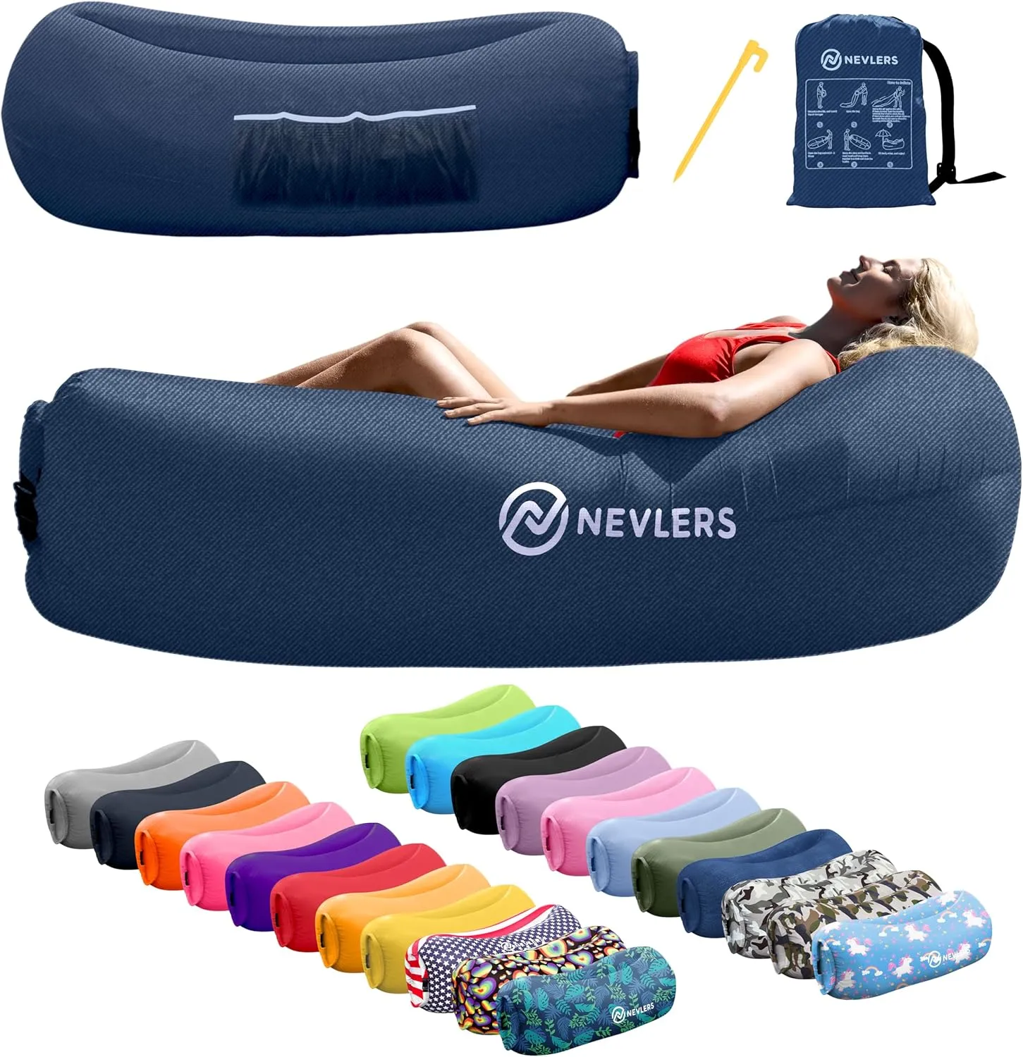 Nevlers Inflatable Lounger | 210T Polyester Inflatable Chair | No-Pump Blow Up Couch | Camping Couch Air Sofa Bed w/ 450 lbs. Cap., Pockets & Matching Bag | Use as Inflatable Couch for Adults & Kids