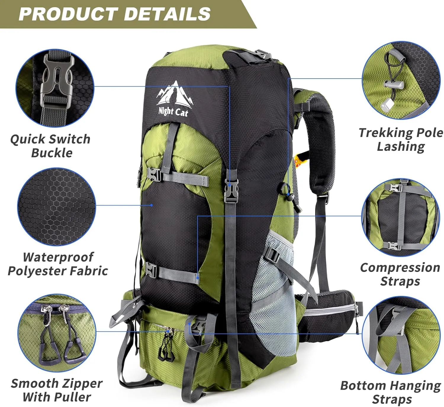Night Cat Hiking Backpacks 90L Camping Backpacking Packs for Men Women Lightweight Outdoor for Mountaineering Traveling, No Internal Frame
