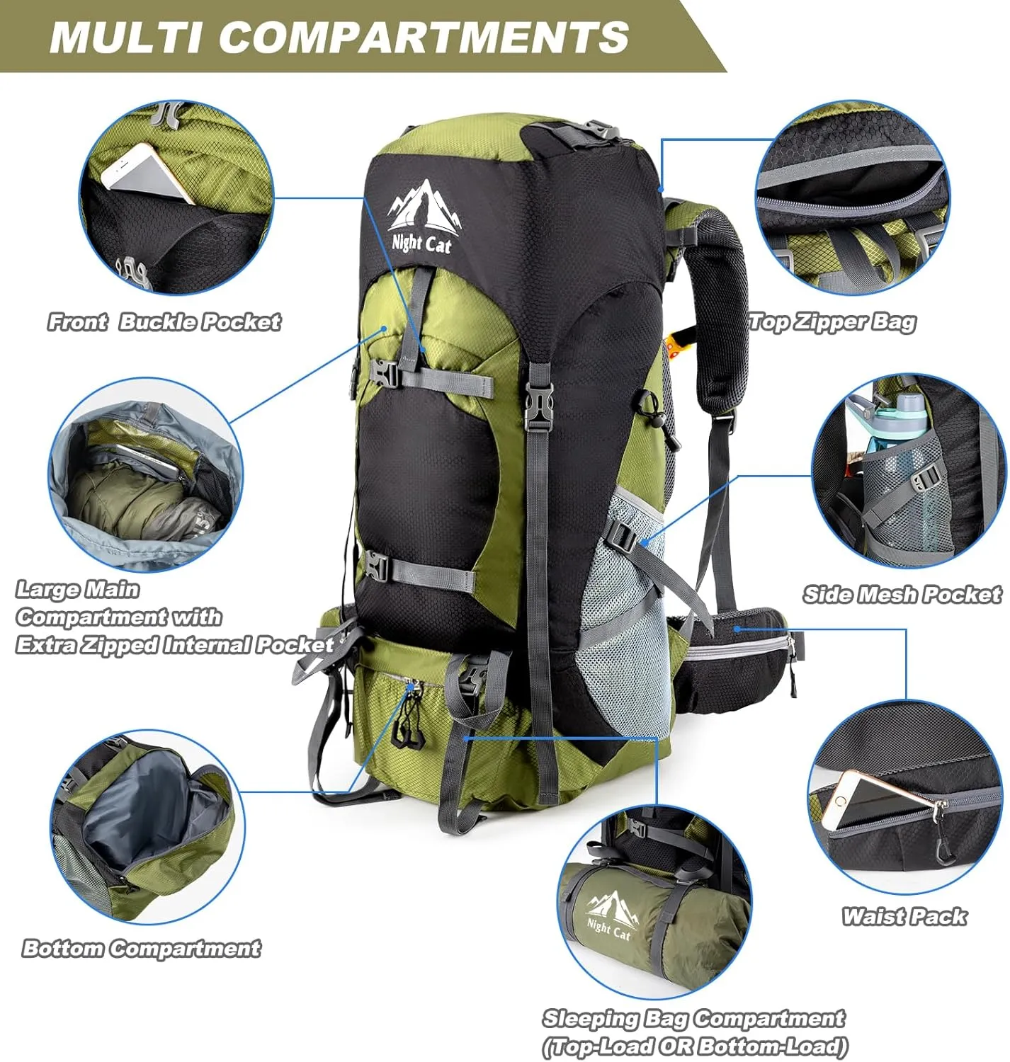Night Cat Hiking Backpacks 90L Camping Backpacking Packs for Men Women Lightweight Outdoor for Mountaineering Traveling, No Internal Frame