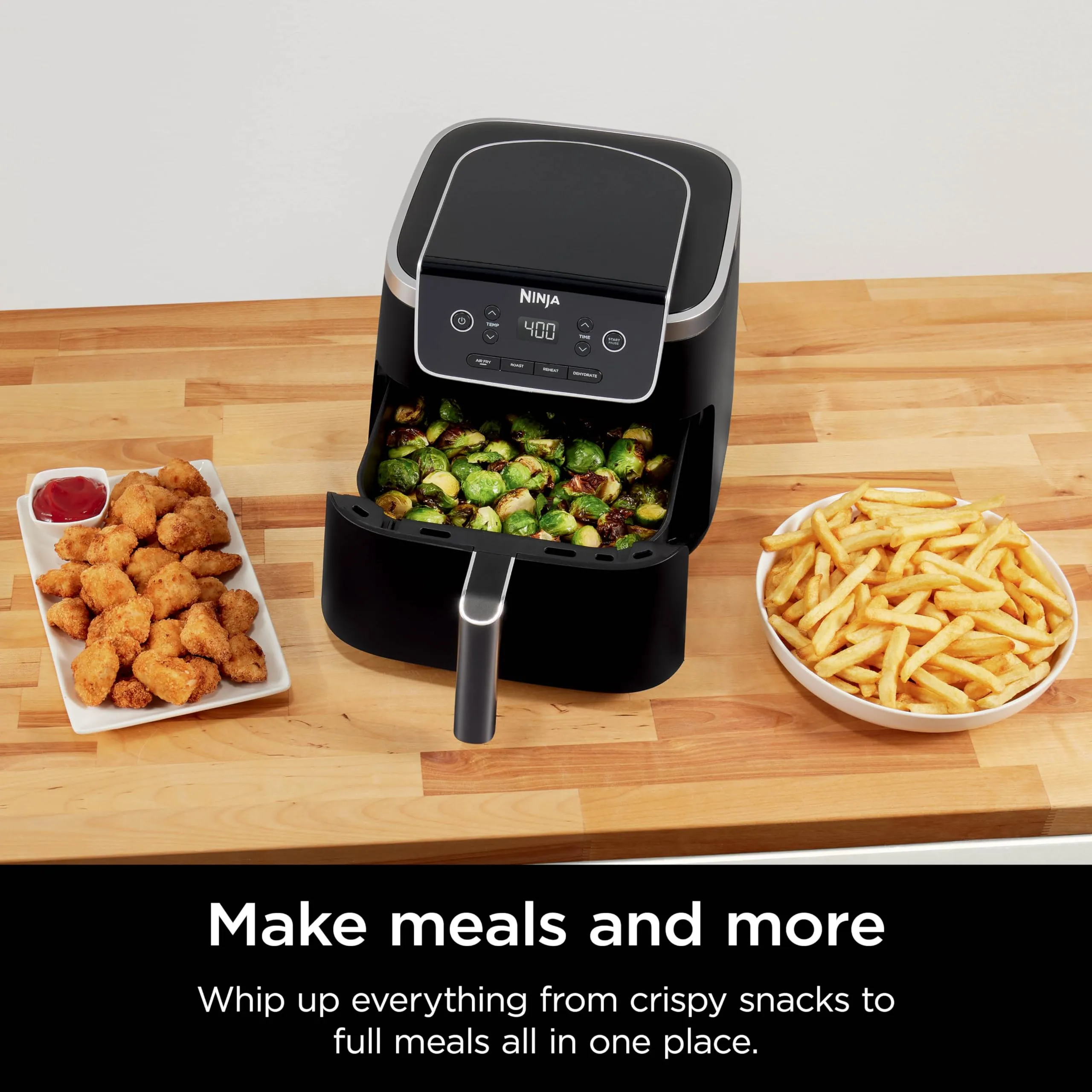Ninja Air Fryer Pro 4-in-1 with 5 QT Capacity, Air Fry, Roast, Reheat, Dehydrate, Air Crisp Technology with 400F for hot, 120 Volts, Nonstick Basket & Crisper Plate, Grey, AF141