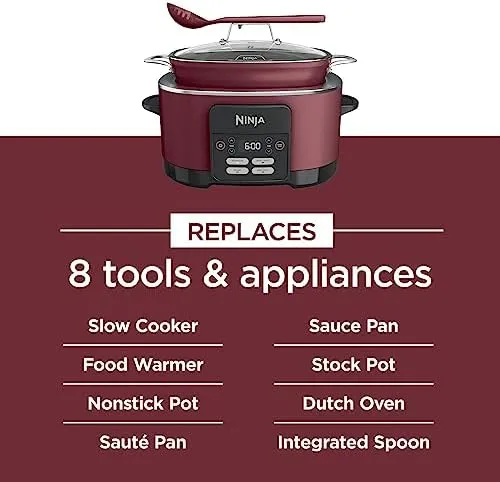 Ninja MC1000 Foodi PossibleCooker 8.5 Quart Multi-Cooker, with 4-in-1 Slow Cooker, Dutch Oven & More, Glass Lid & Integrated Spoon, Nonstick, Oven Safe Pot to 500°F, Cherry Tarte (Renewed)