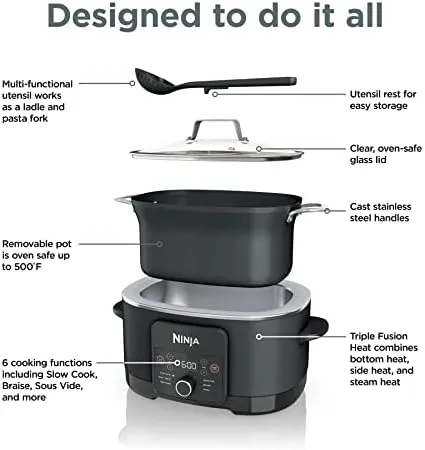 Ninja MC1010 Foodi PossibleCooker PLUS - Sous Vide & Proof 6-in-1 Multi-Cooker, with 8.5 Quarts, Slow Cooker, Dutch Oven & More, Glass Lid & Integrated Spoon, Nonstick, Oven Safe Pot to 500°F, Black