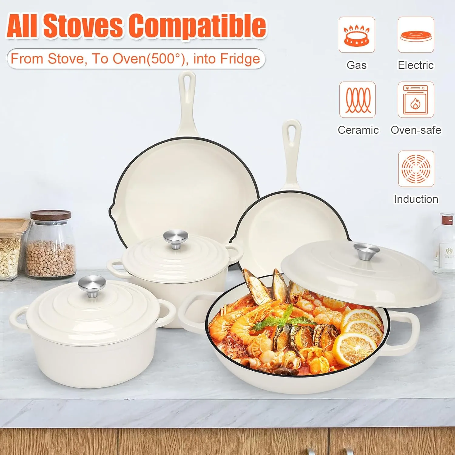 Nonstick Enameled Cast Iron Cookware Set - 8 Piece Pots and Pans with Lid, Frying Pan, Skillet, Dutch Oven Set for All Stovetops, Ideal for Sourdough Bread Baking, Comes with Organizer, Cream White