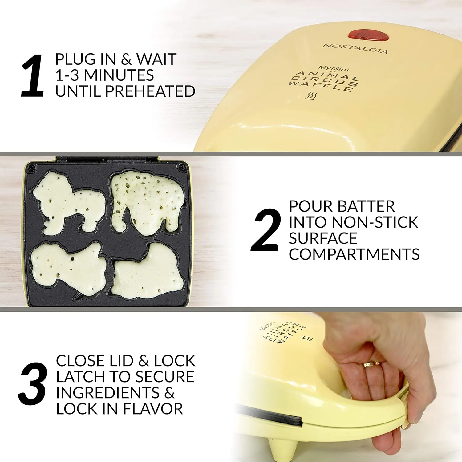Nostalgia MyMini Personal Electric Animal Circus Waffle Maker, Waffle Iron makes Cat, Dog, Elephant, Lion, Yellow