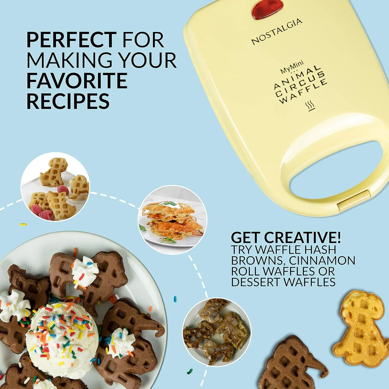 Nostalgia MyMini Personal Electric Animal Circus Waffle Maker, Waffle Iron makes Cat, Dog, Elephant, Lion, Yellow