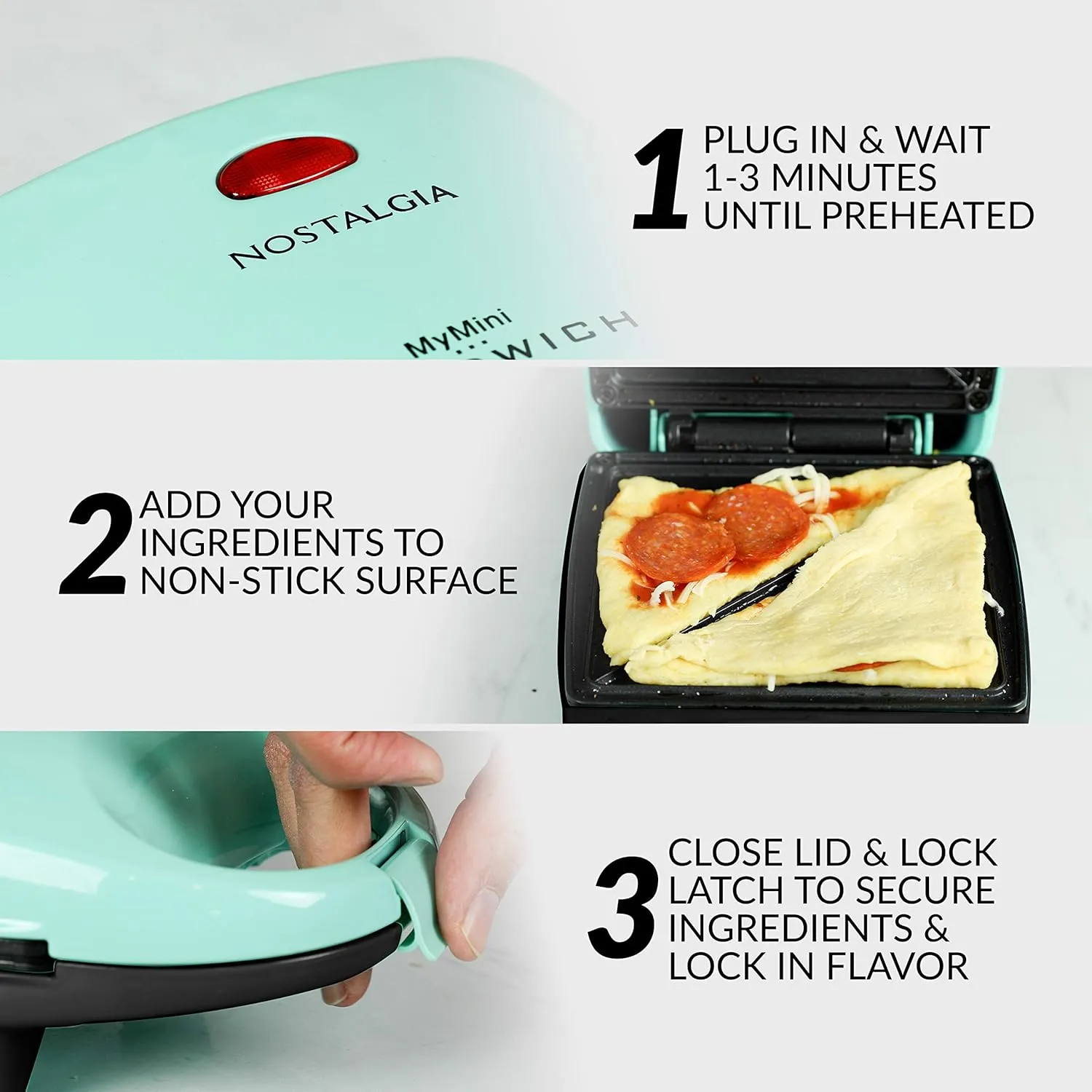 Nostalgia MyMini Personal Sandwich Maker, Nonstick Panini Press, Pizza Pockets, Quesadillas, Mint Green
